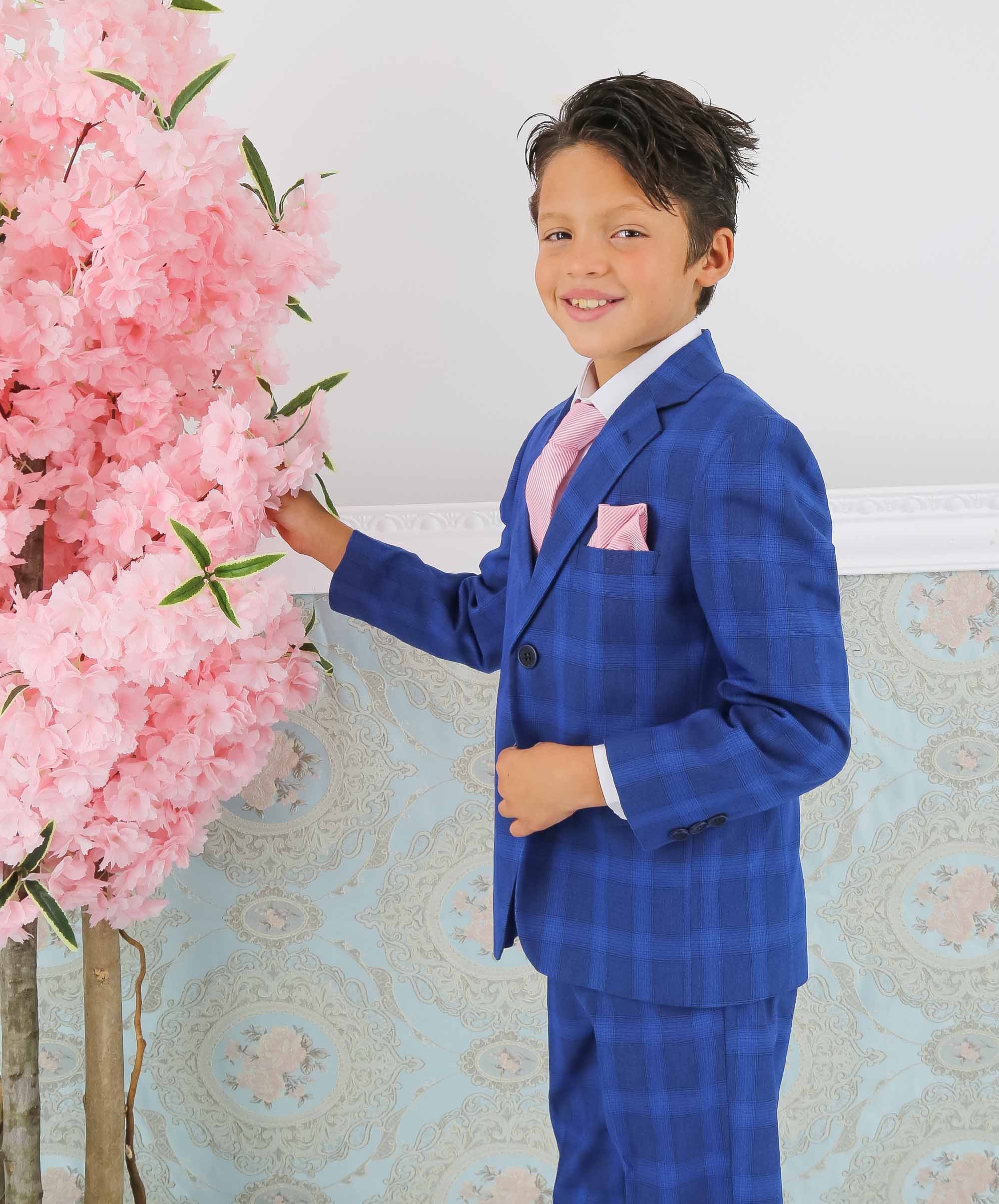 Erkek Çocuk Klasik 3 Parça Ekose Mavi Takım Elbise