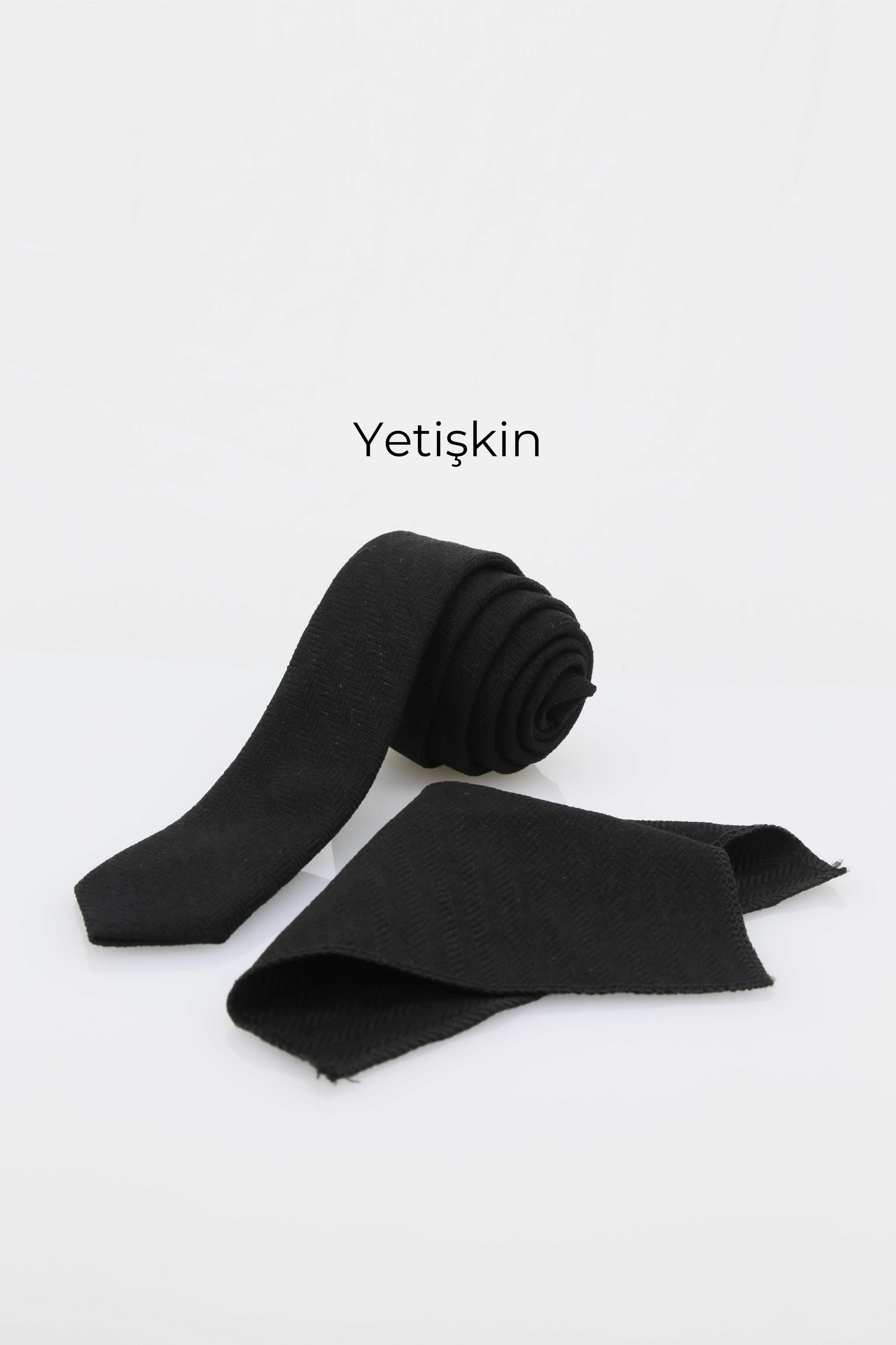 Erkek Çocuk ve Yetişkin için Yün Kravat ve Mendil Set Çocuk-(120x5cm) Yetişkin-(145x6cm)  - Black