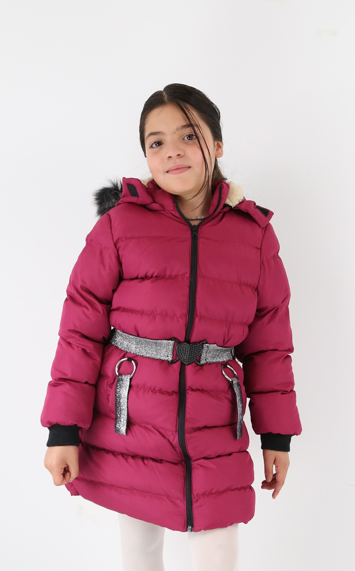 Kız Çocuk Kışlık Kapşonlu Polar Astarlı Mont - Fusya