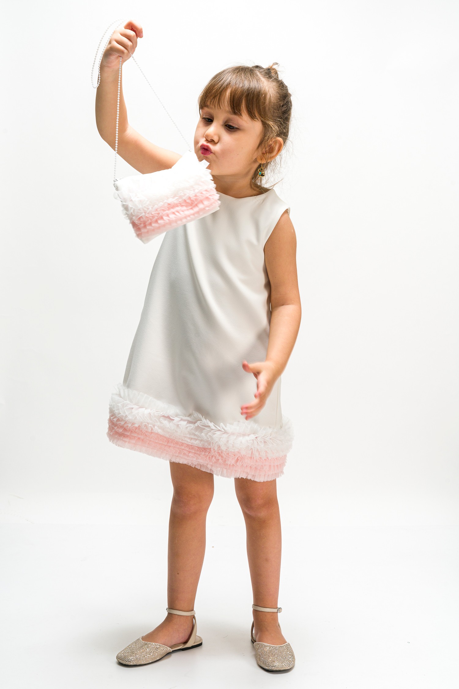 6-18 Aylık Bebek Kızlar İçin Pembe Fırfır Etekli Beyaz Elbise