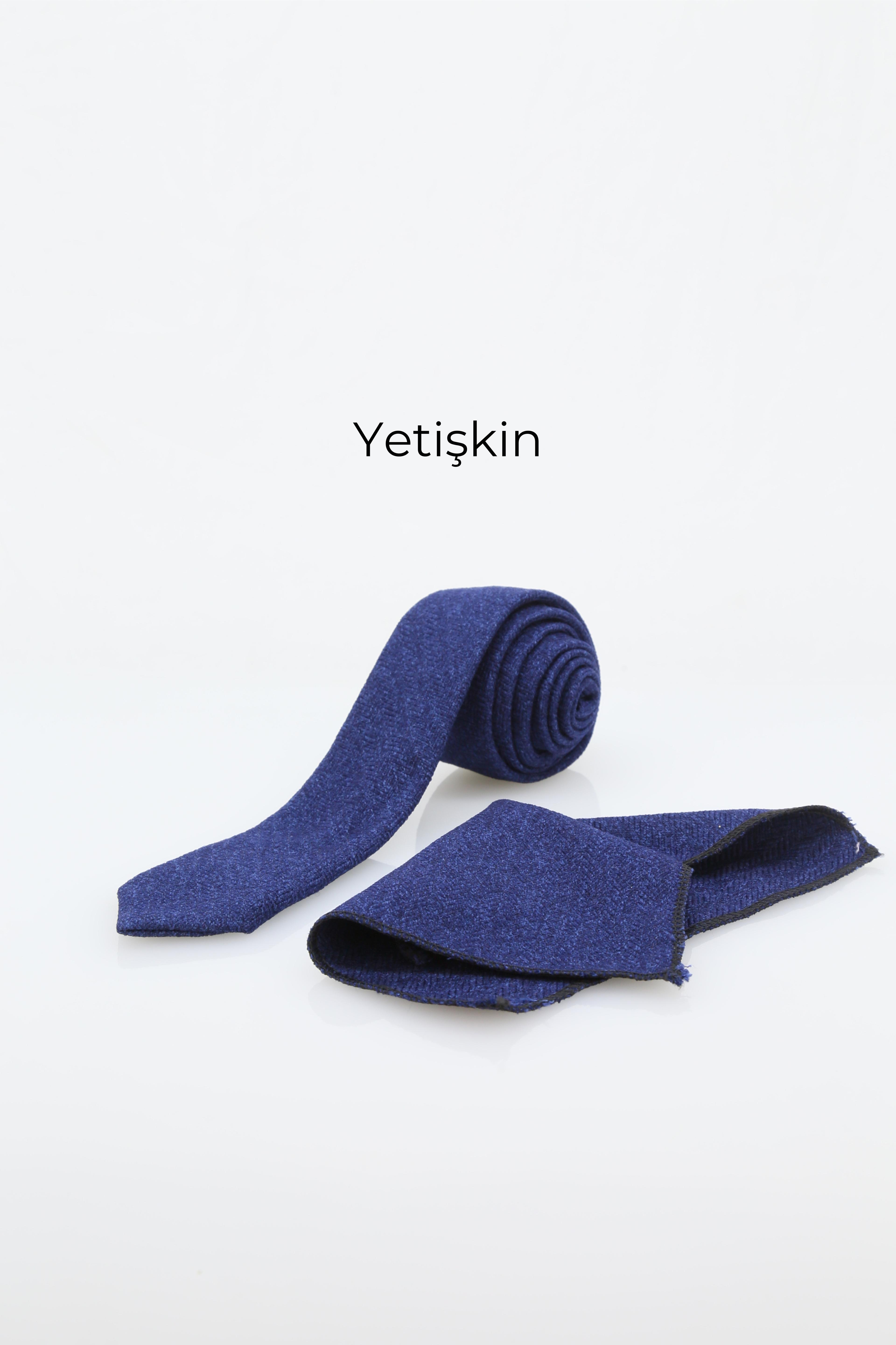 Erkek Çocuk ve Yetişkin için Yün Kravat ve Mendil Set Çocuk-(120x5cm) Yetişkin-(145x6cm)  - koyu mavi.