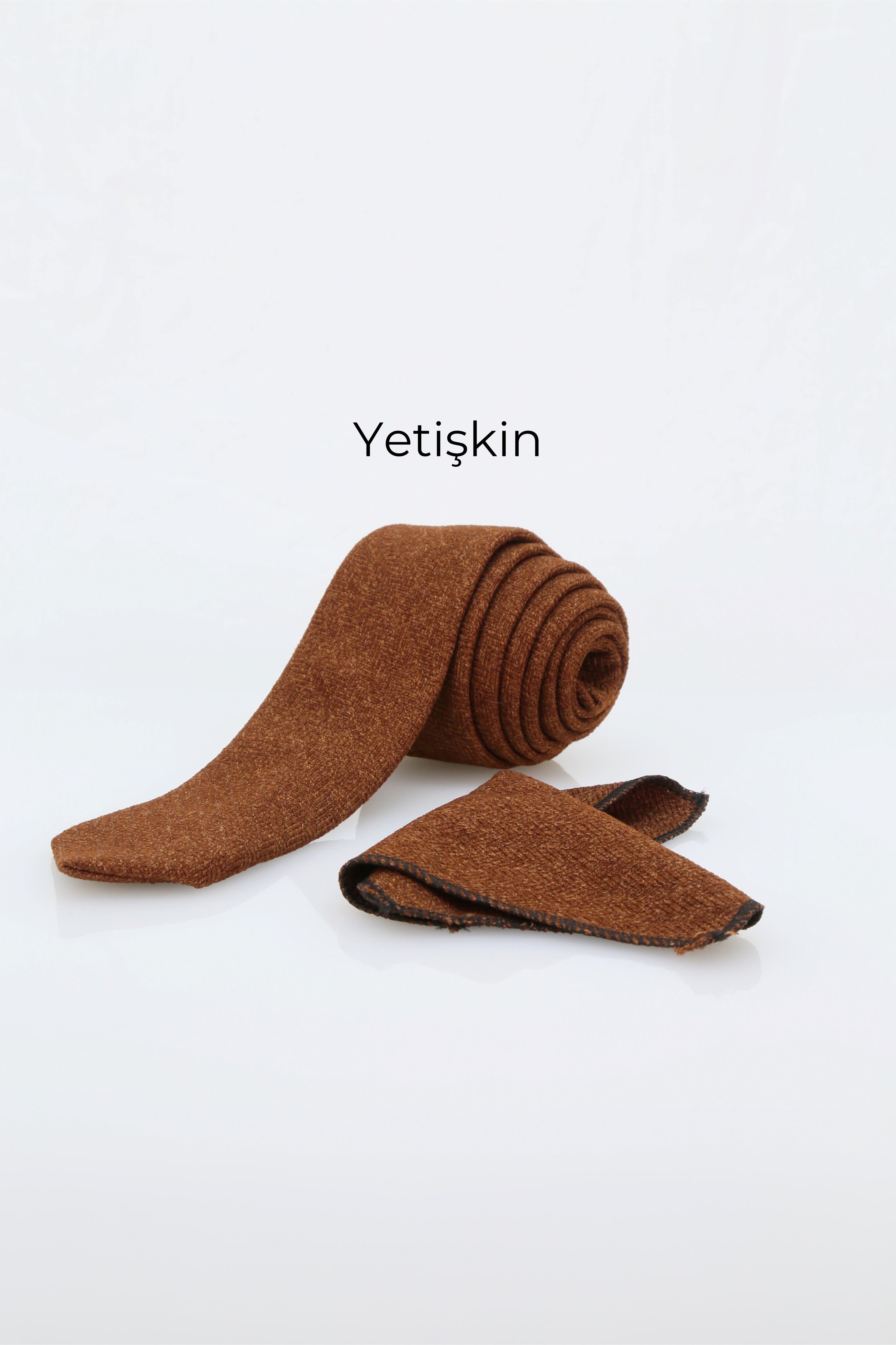 Erkek Çocuk ve Yetişkin için Yün Kravat ve Mendil Set Çocuk-(120x5cm) Yetişkin-(145x6cm)  - Açık kremit