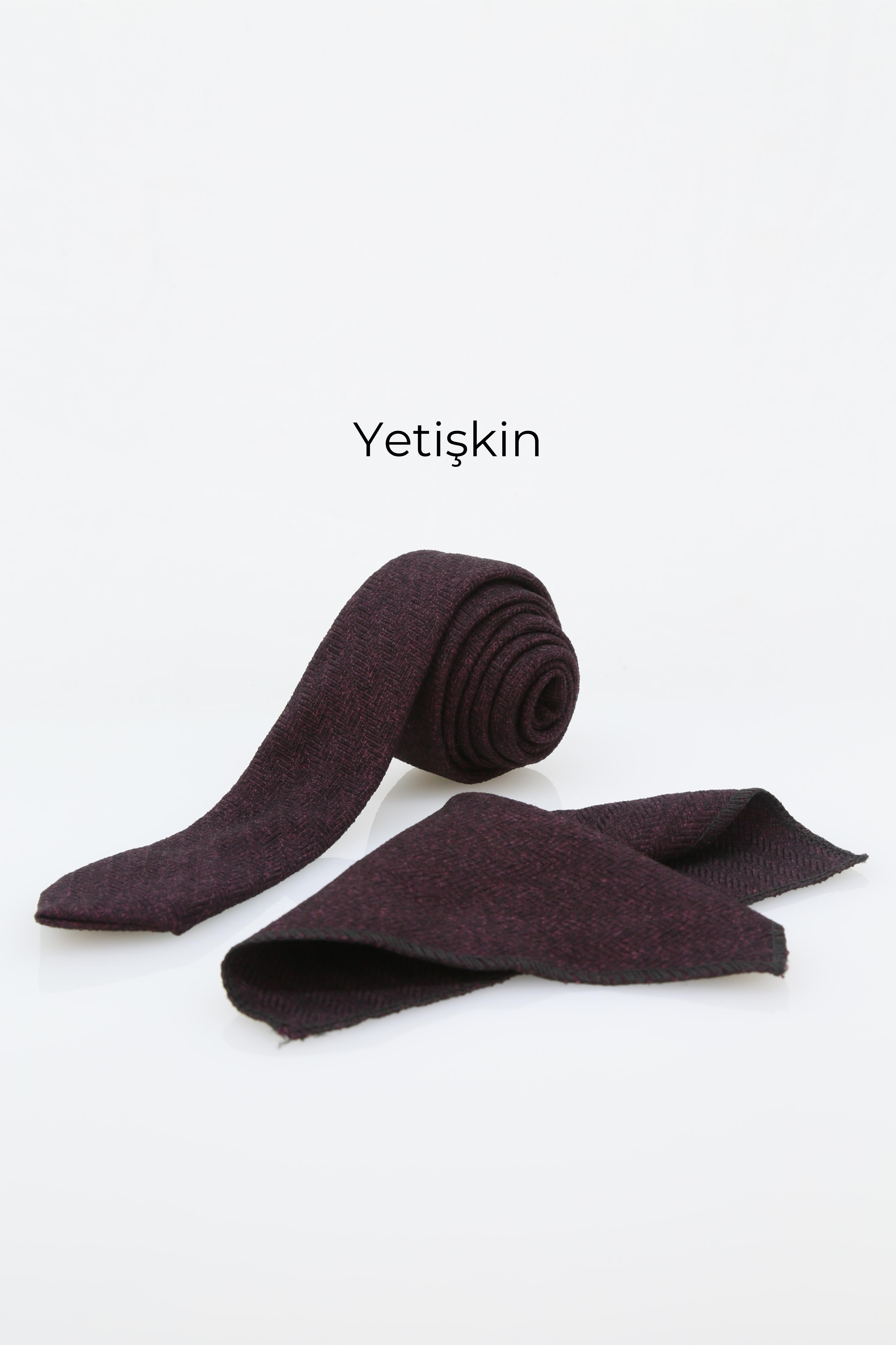 Erkek Çocuk ve Yetişkin için Yün Kravat ve Mendil Set Çocuk-(120x5cm) Yetişkin-(145x6cm)  - Koyu mürdüm