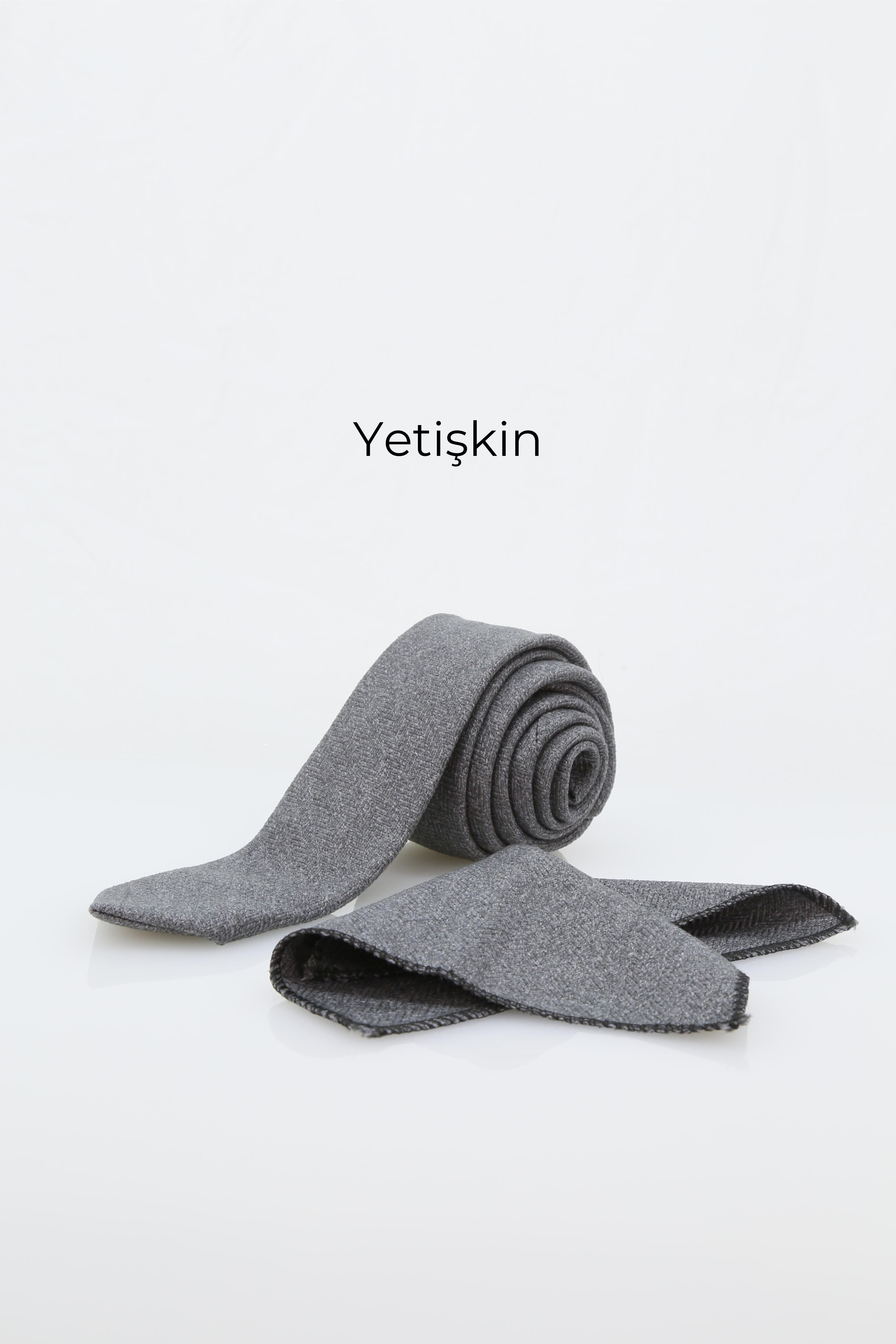 Erkek Çocuk ve Yetişkin için Yün Kravat ve Mendil Set Çocuk-(120x5cm) Yetişkin-(145x6cm)  - koyu gri.