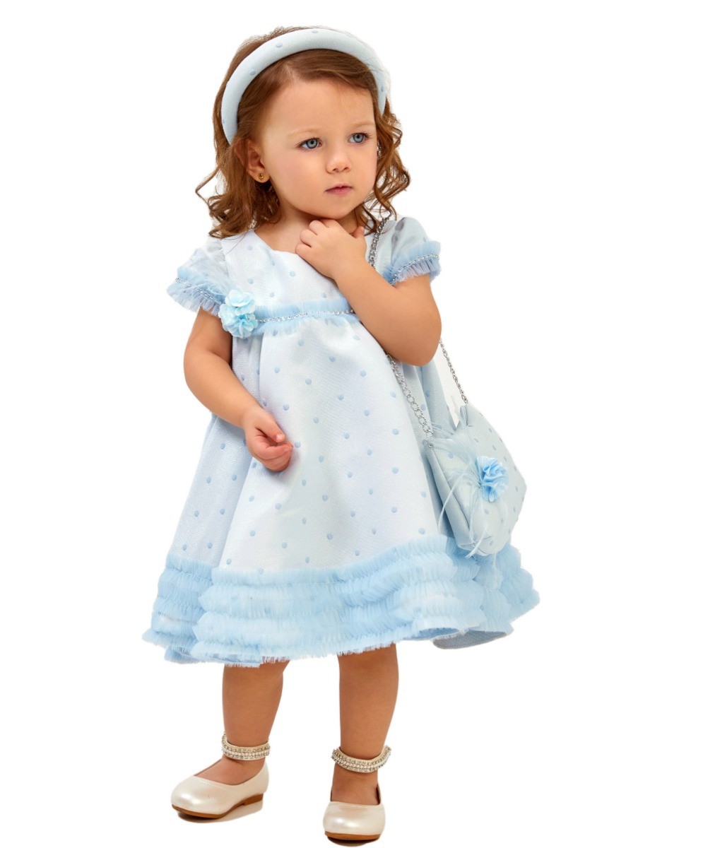 Kız Çocuk Yuvarlak Yaka Kol Büzgülü Mavi Abiye Elbise 3 Parça