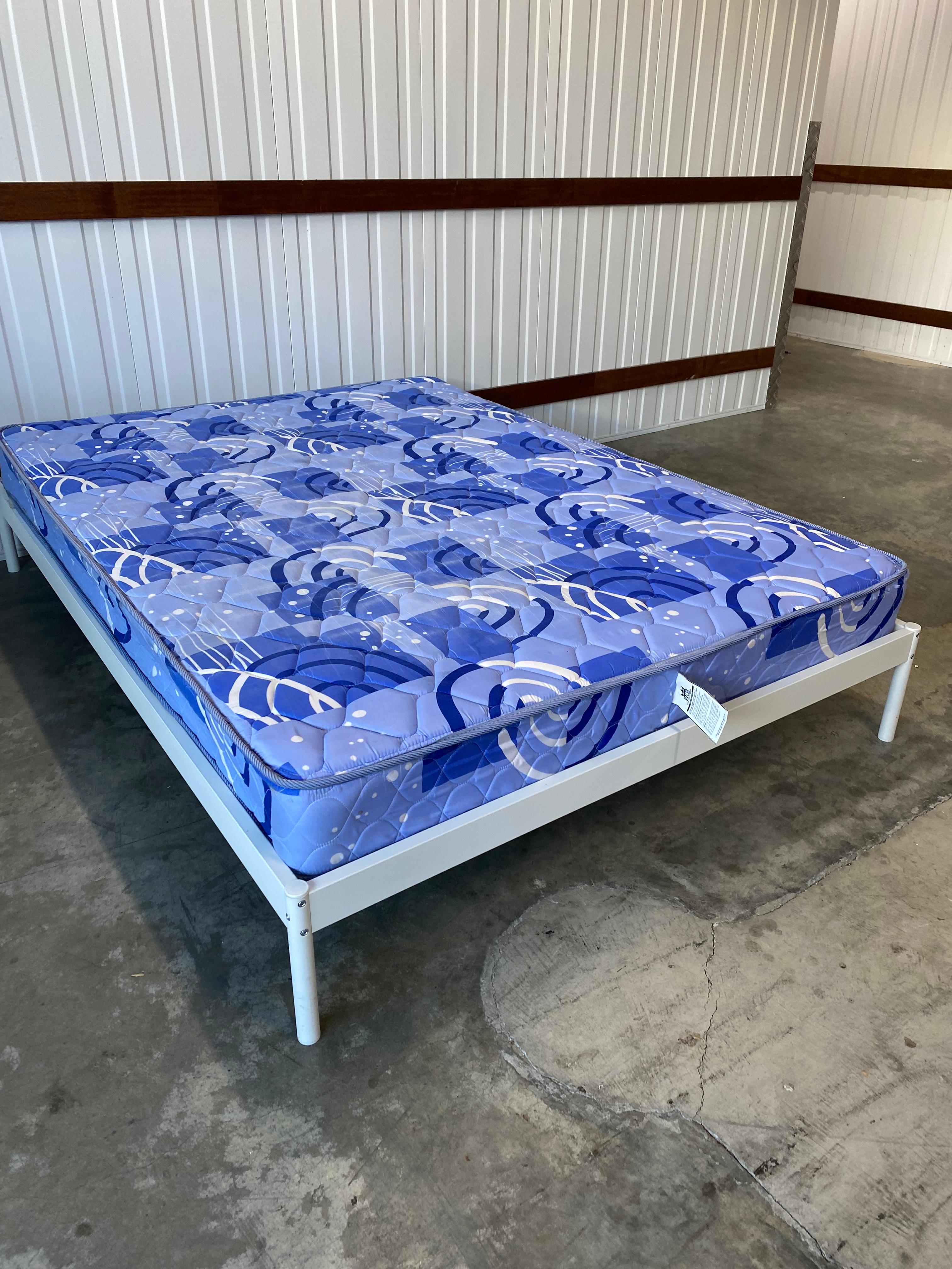White Iron Double Bed and  Blue Mattress