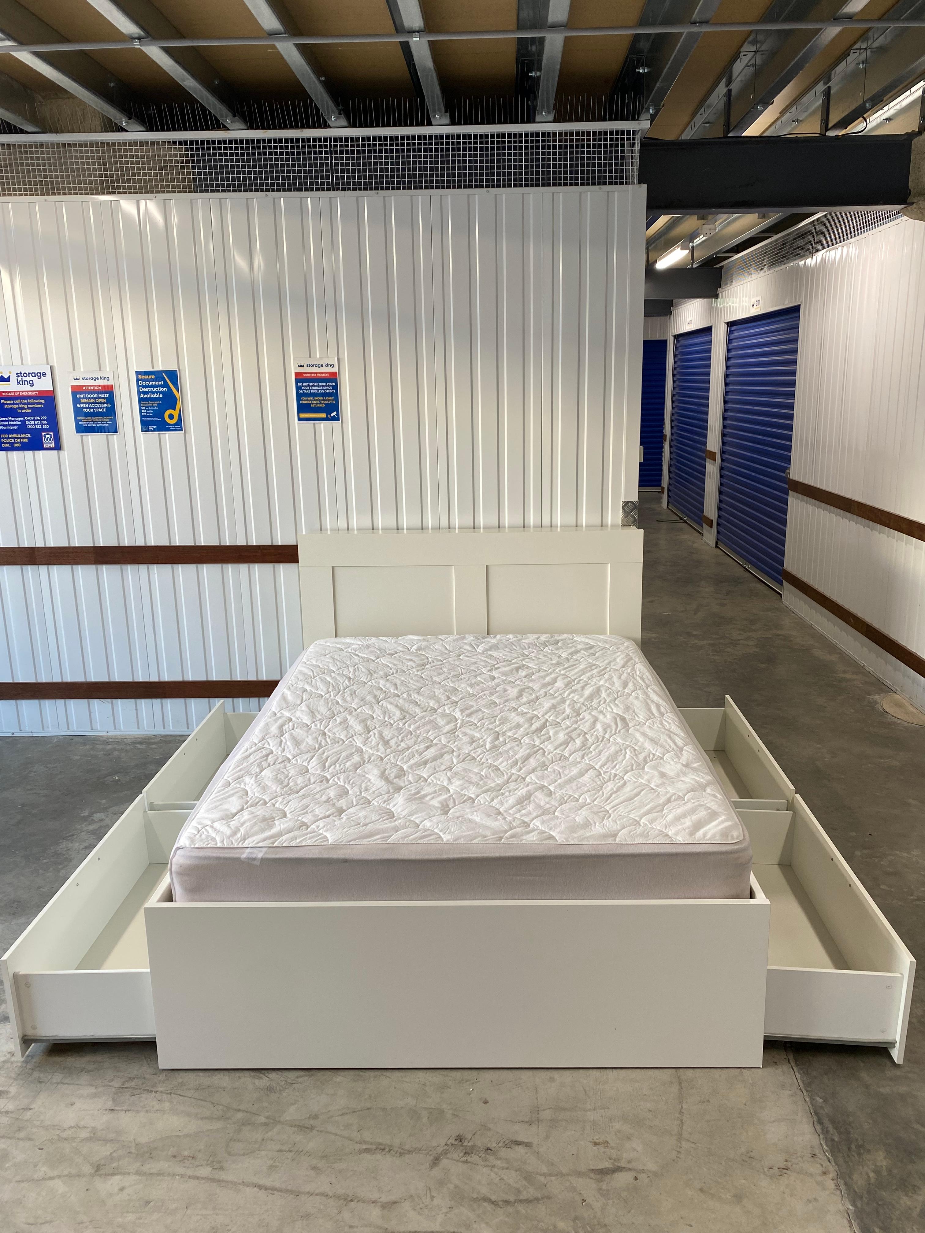 Queen White Bed With Drawers and Mattress