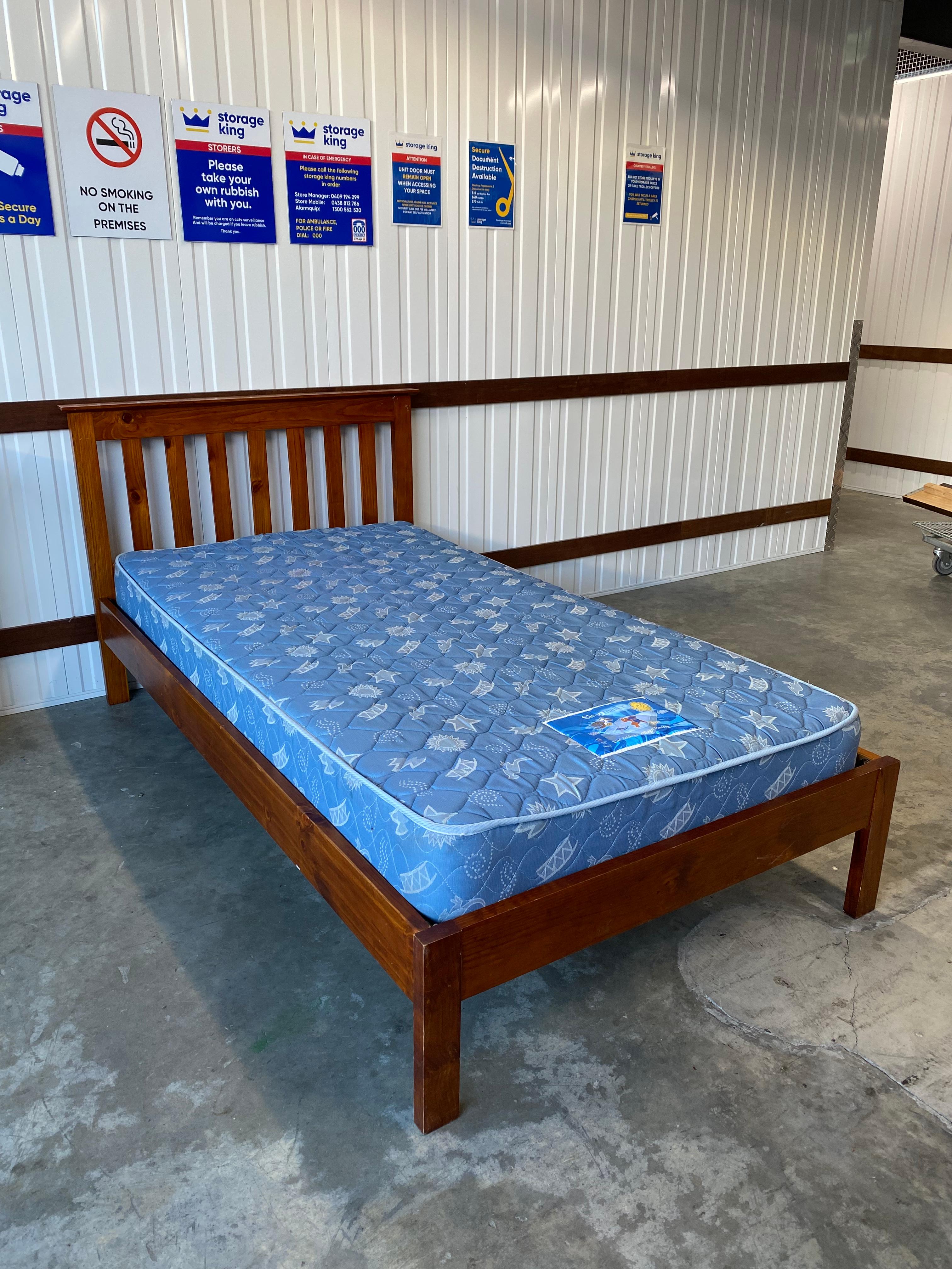 King Single Bed and Blue Mattress Wooden