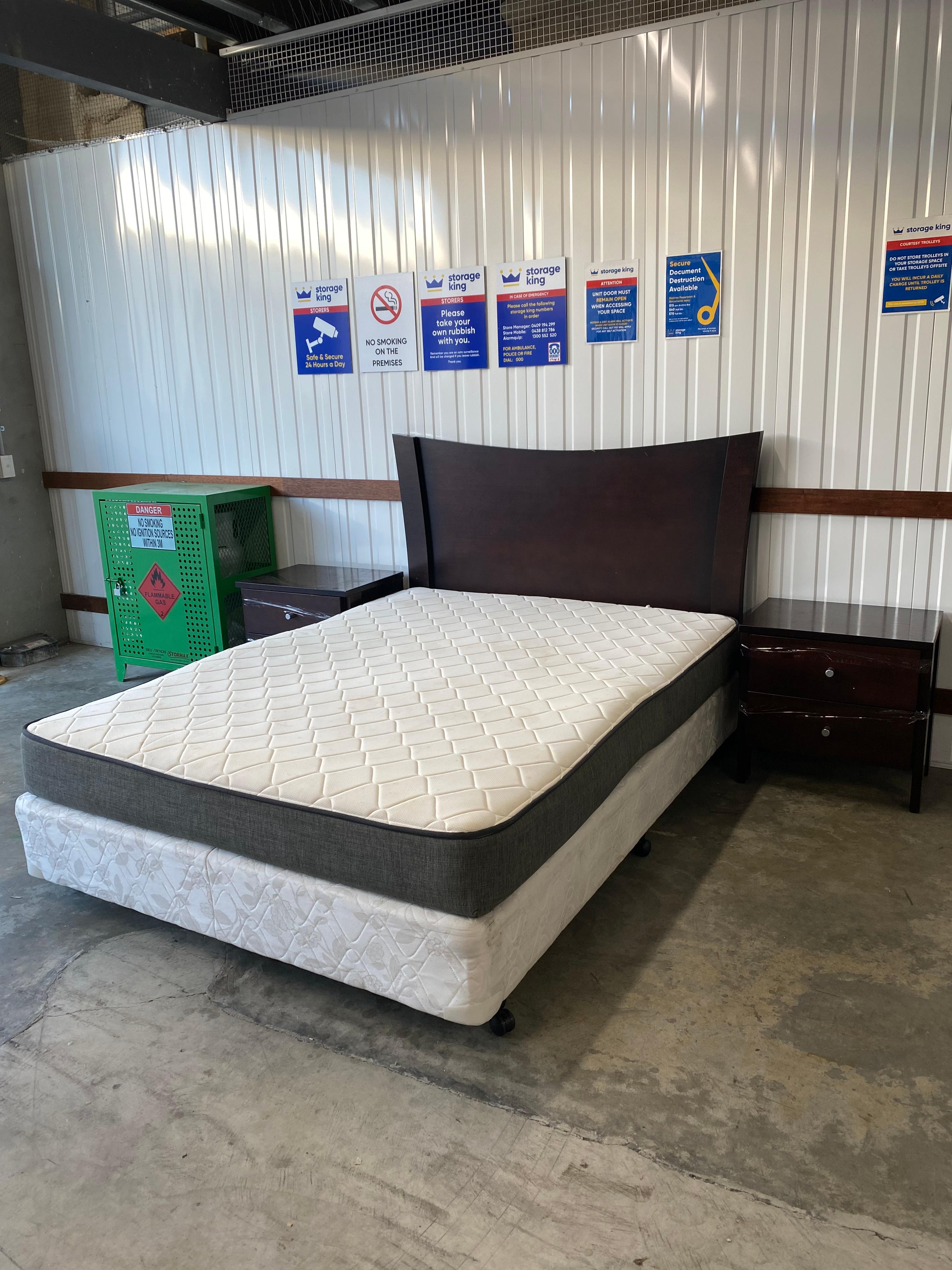 QUEEN BED BASE WITH HEADBOARD AND MATTRESS
