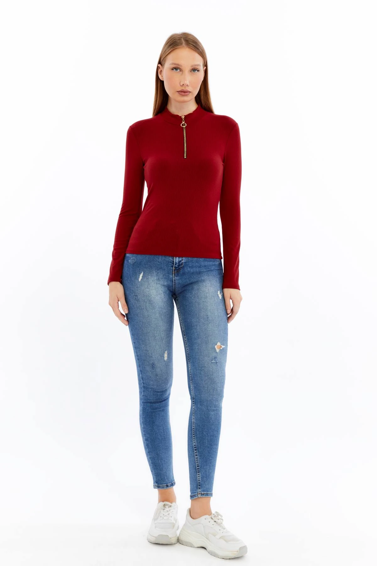 Kadın Uzun Kollu Yarım Fermuarlı Slim Fit Tshirt - Kırmızı