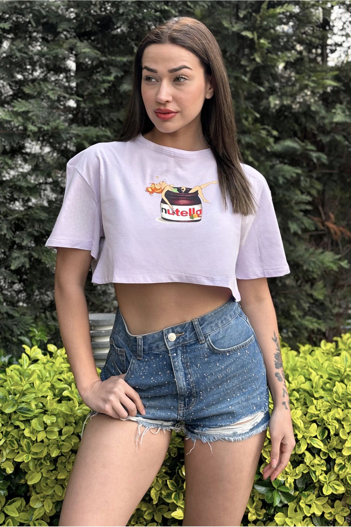 Kadın Lila Bisiklet Yaka Baskılı Oversize Crop T-shirt