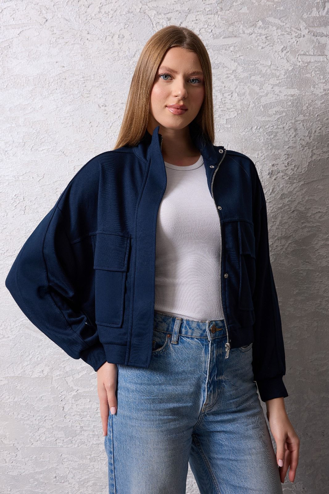 Kadın Fermuarlı Dik Yaka Rahat Kesim Ceket - Lacivert