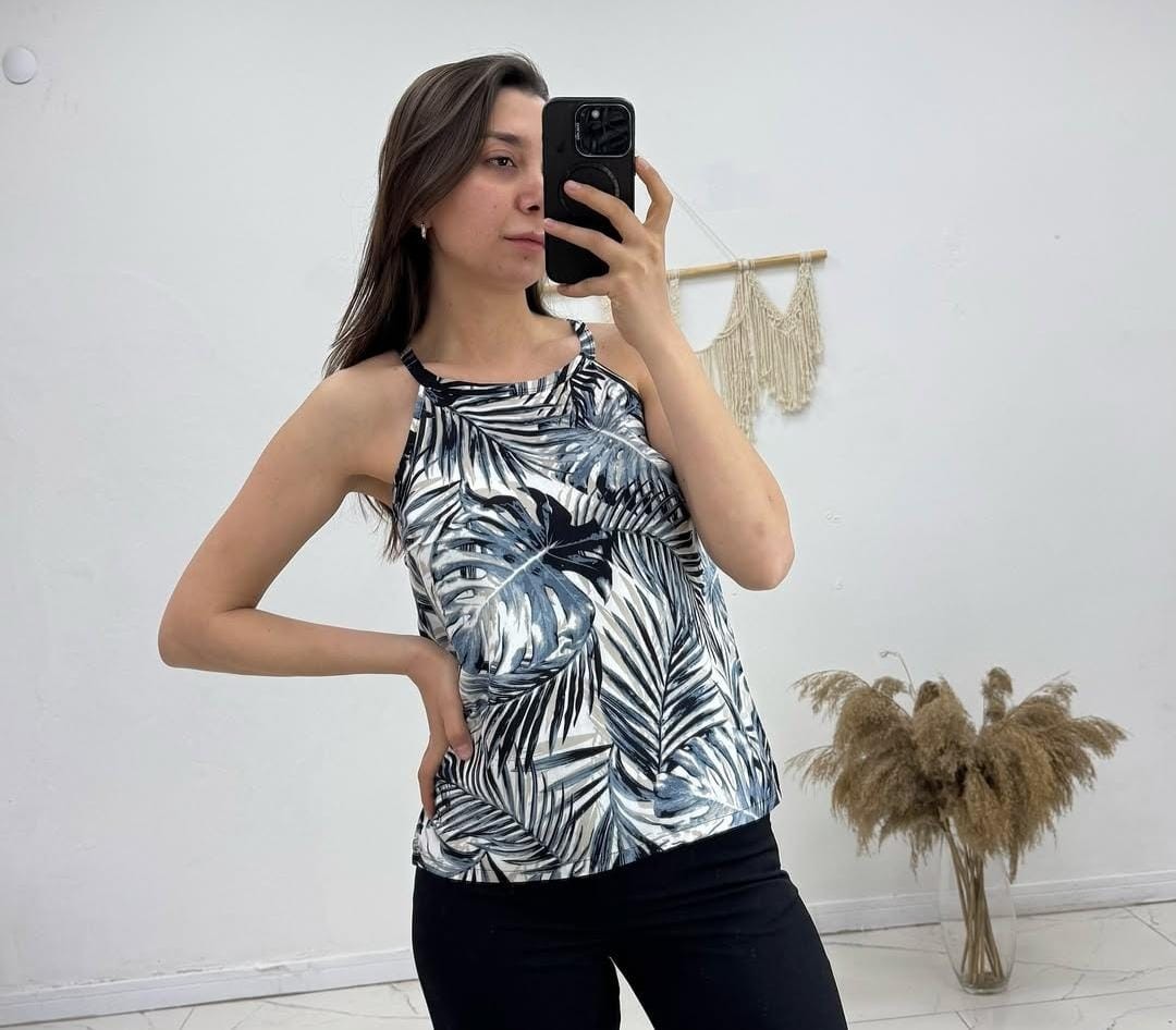 Kadın Etnik Desen Halter Yaka Bluz