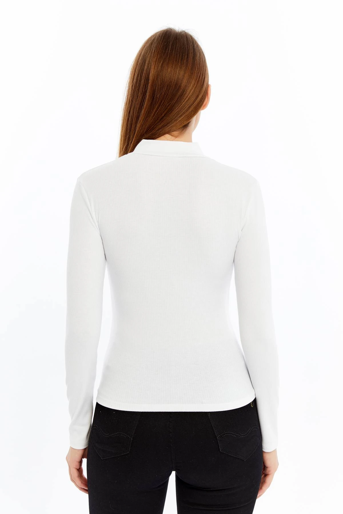 Kadın Uzun Kollu Yarım Fermuarlı Slim Fit Tshirt - Beyaz