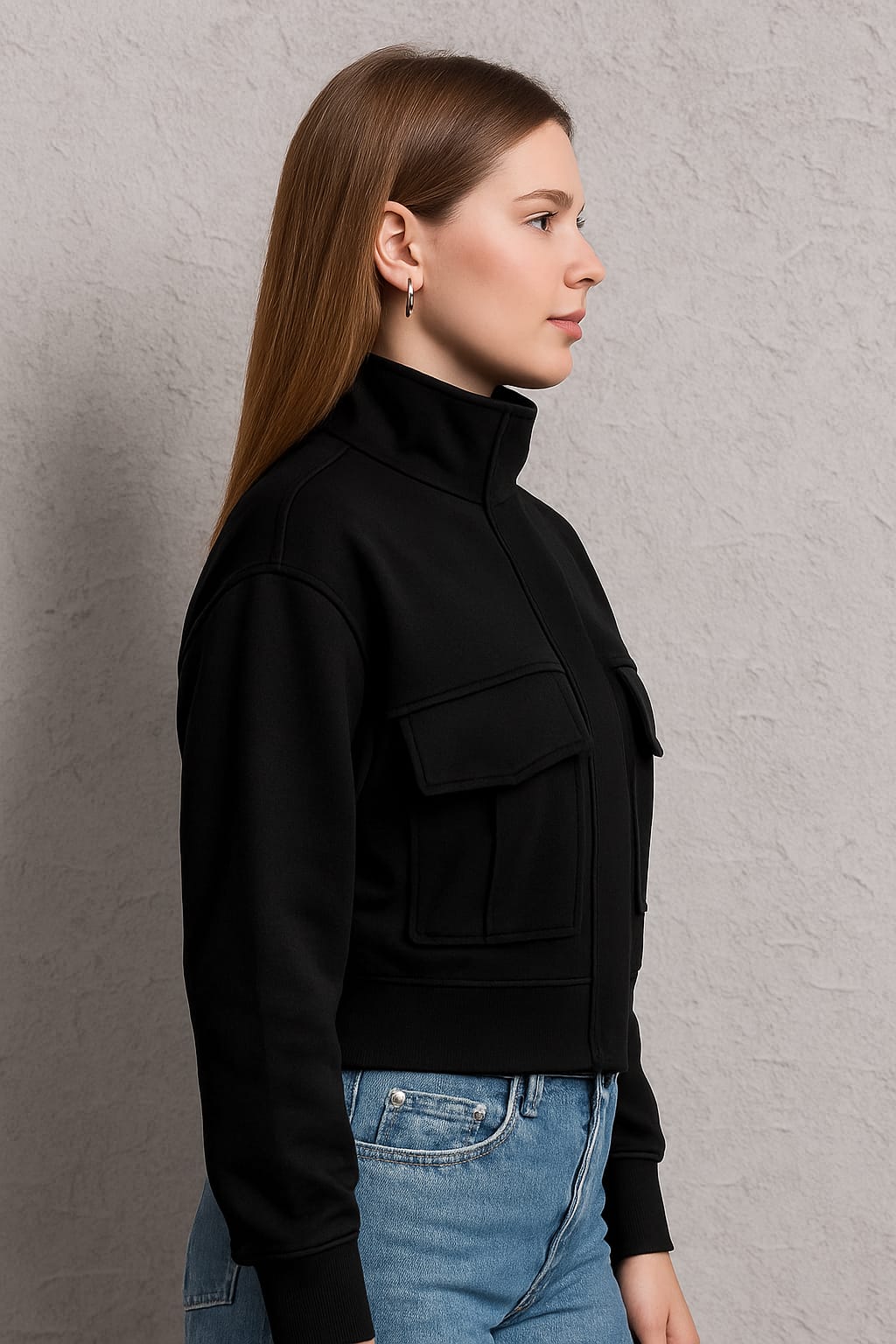 Kadın Fermuarlı Dik Yaka Rahat Kesim Ceket - siyah
