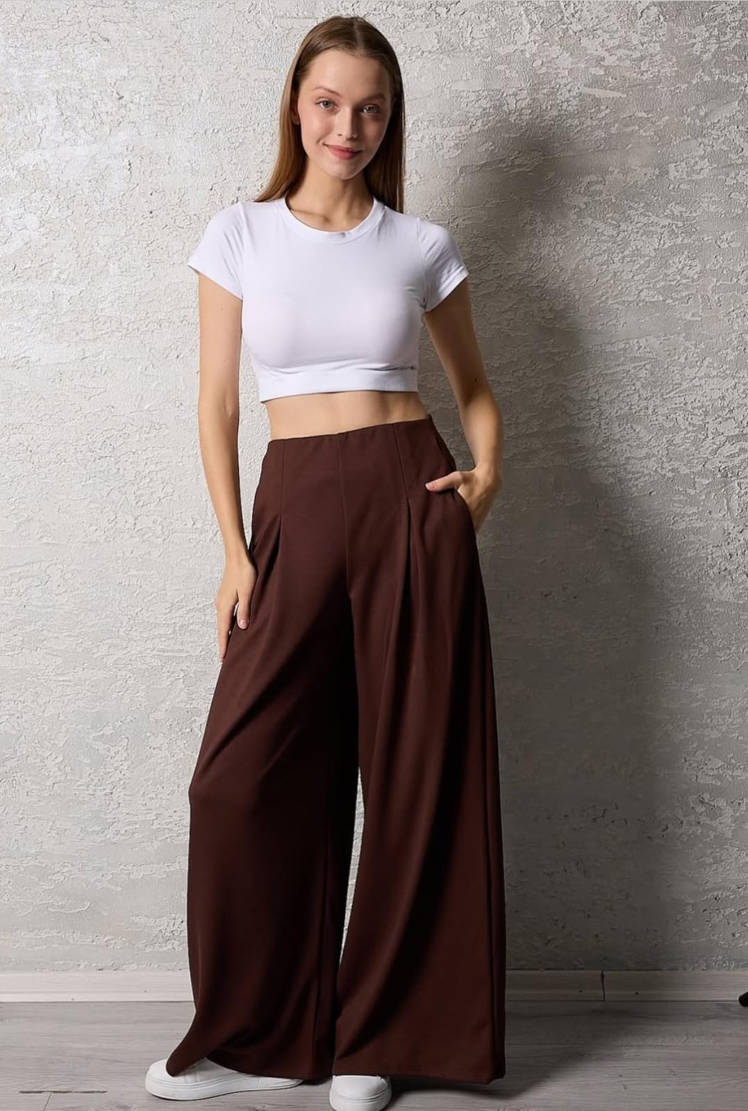 Kadın Pileli Gizli Cepli Palazzo Pantolon - Kahverengi