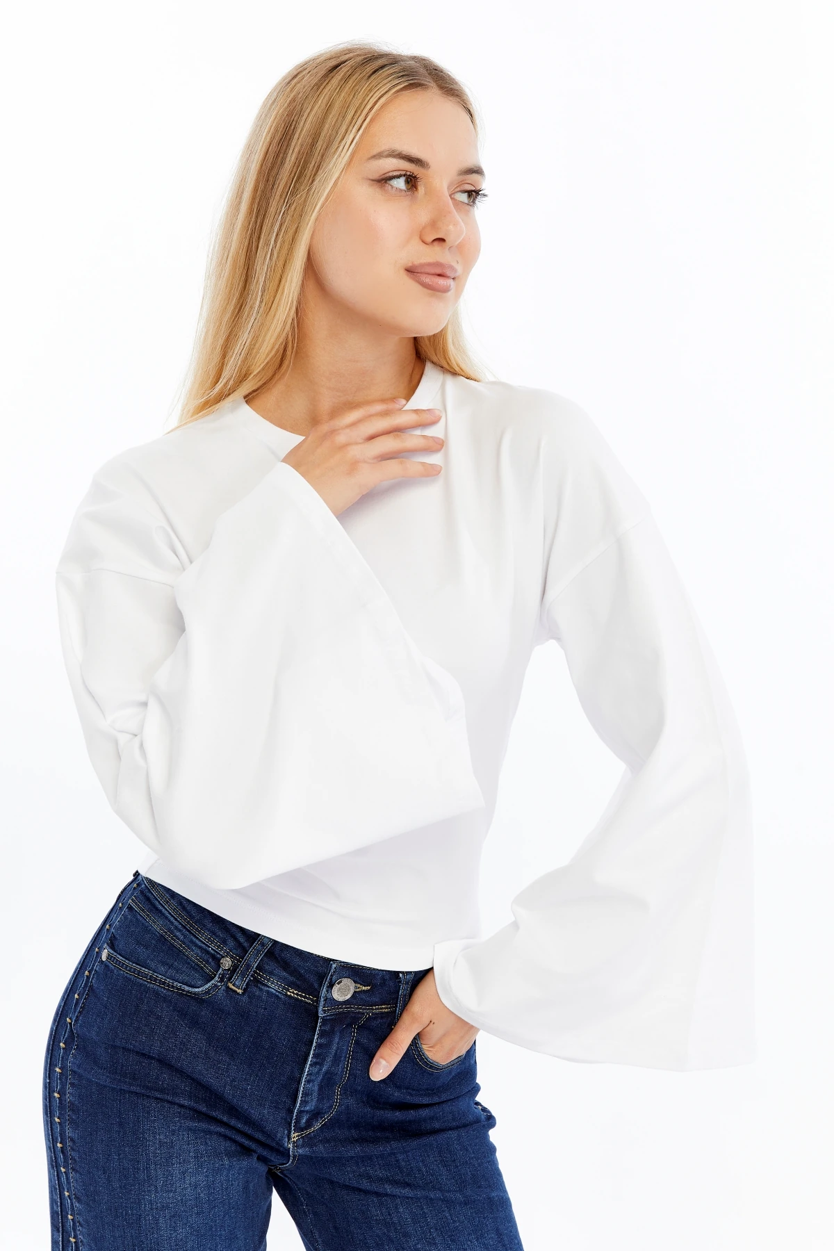 Kadın Uzun Kollu T-shirt Yuvarlak Yaka Fit Yarasa Kol Bluz