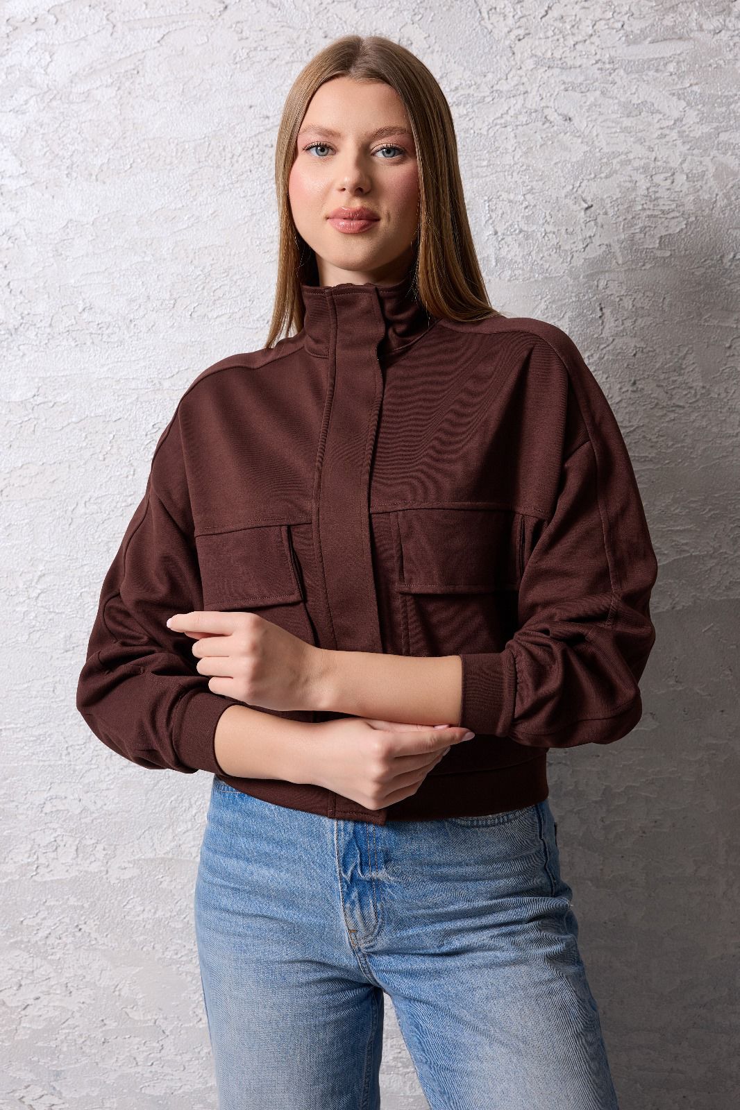 Kadın Fermuarlı Dik Yaka Rahat Kesim Ceket - Kahverengi