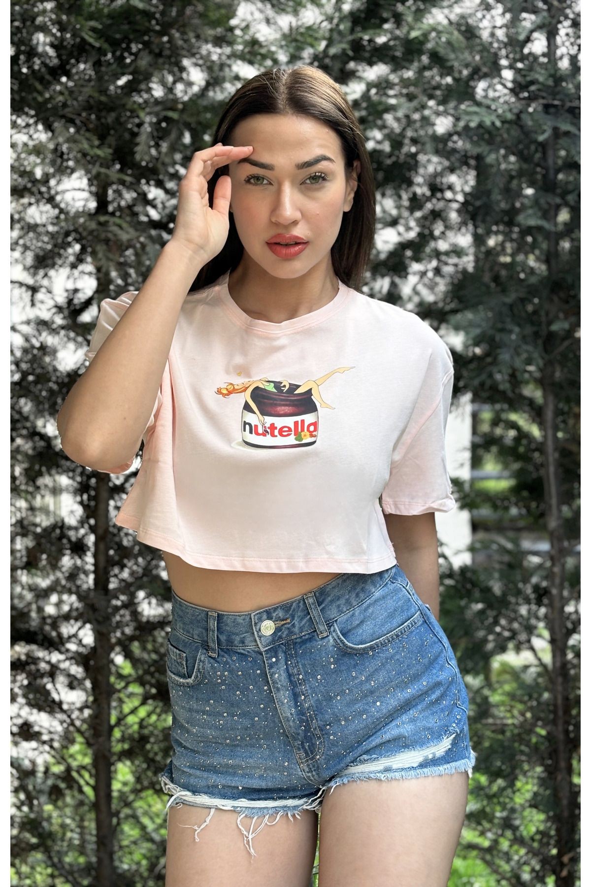Kadın Lila Bisiklet Yaka Baskılı Oversize Crop T-shirt - pembe