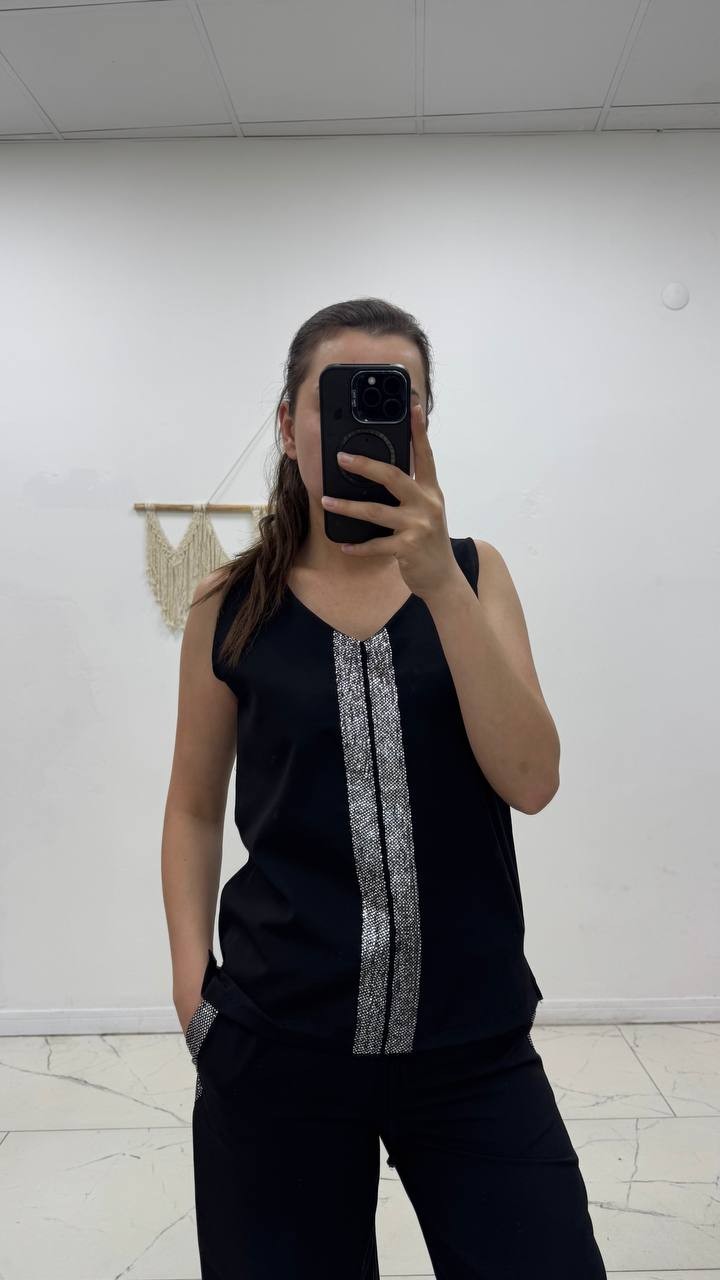 Kadın Pullu V Yaka Bluz Bol Paça Pantolon - siyah