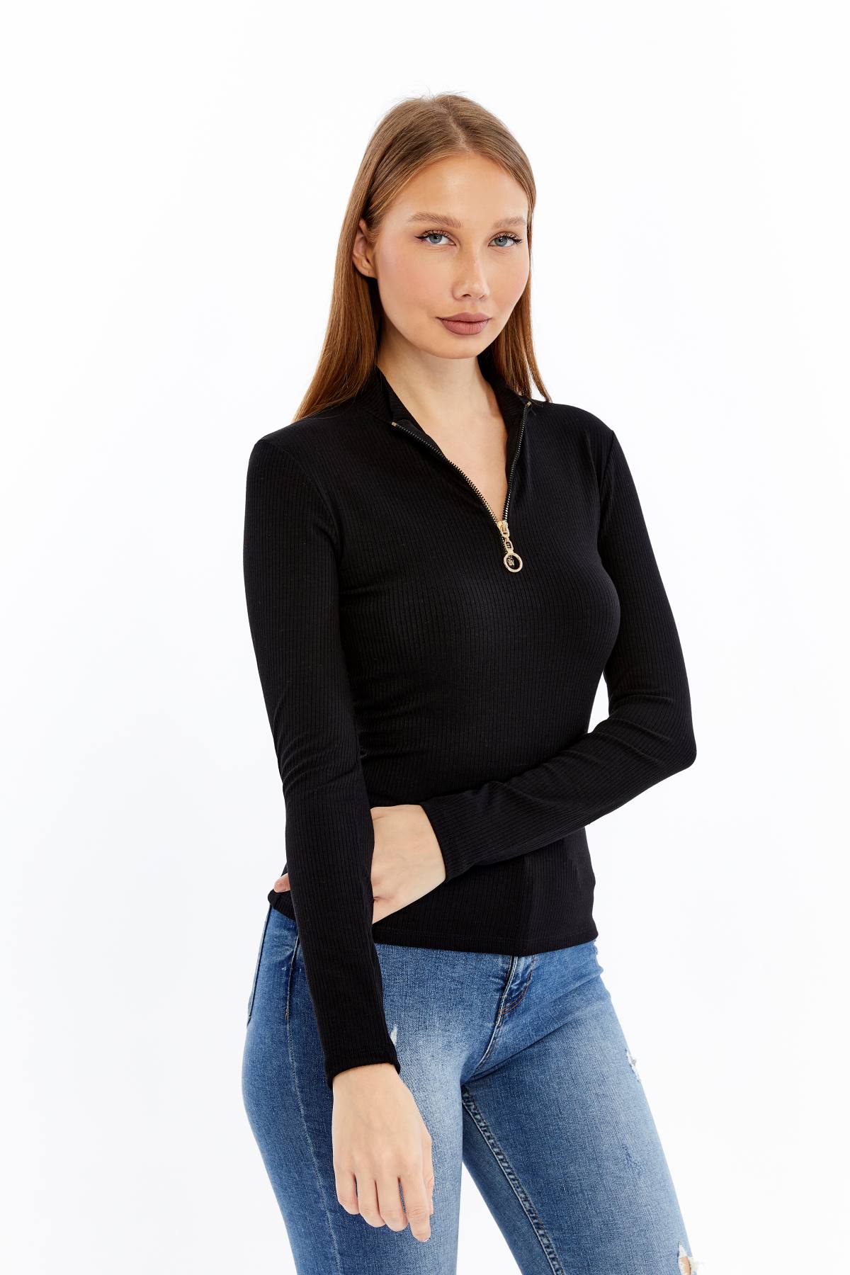 Kadın Uzun Kollu Yarım Fermuarlı Slim Fit Tshirt - siyah