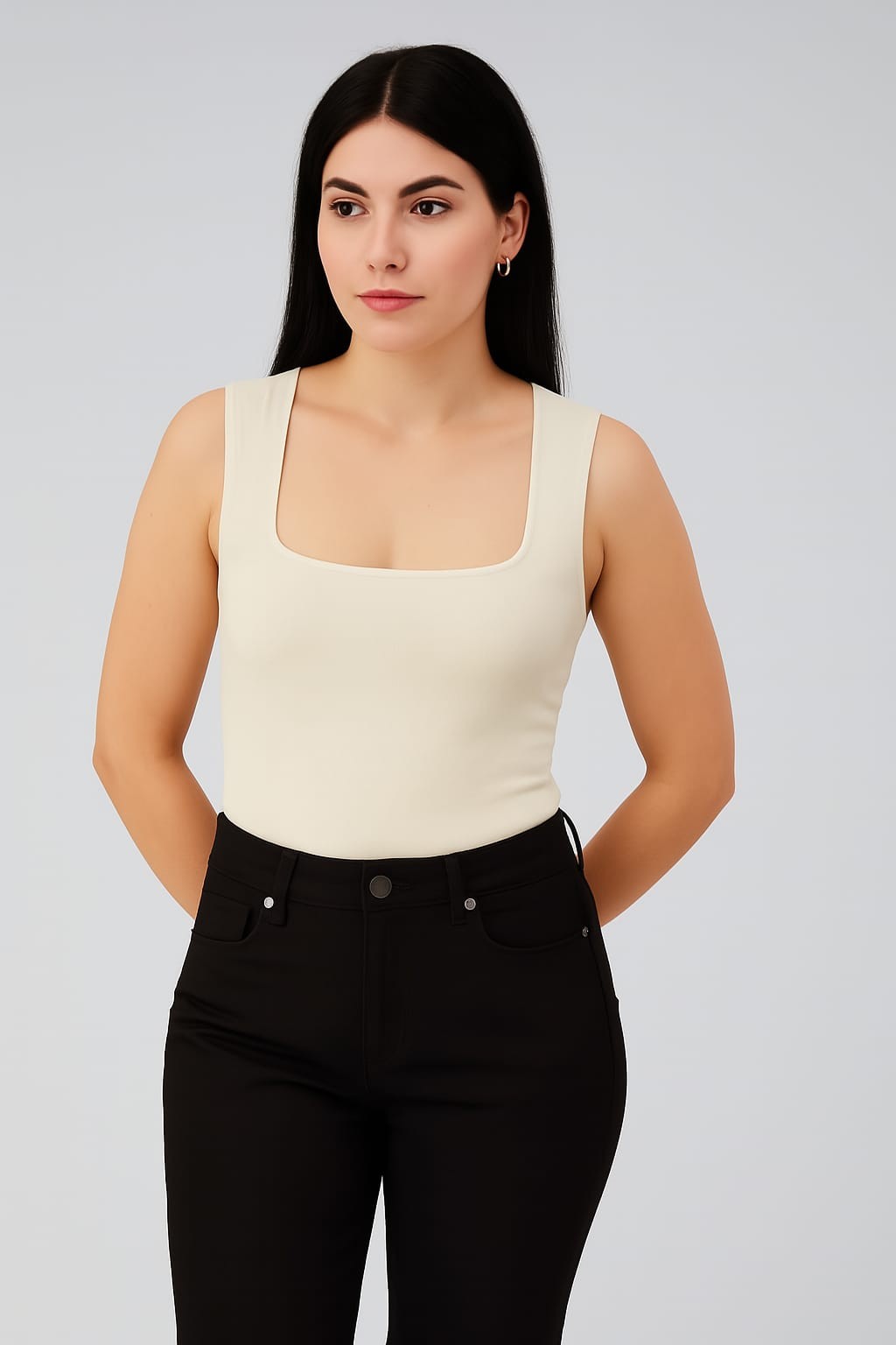 Astarlı Sıfır Kol Kare Yaka Dekolteli Çıtçıtlı Bodysuit - Ekru