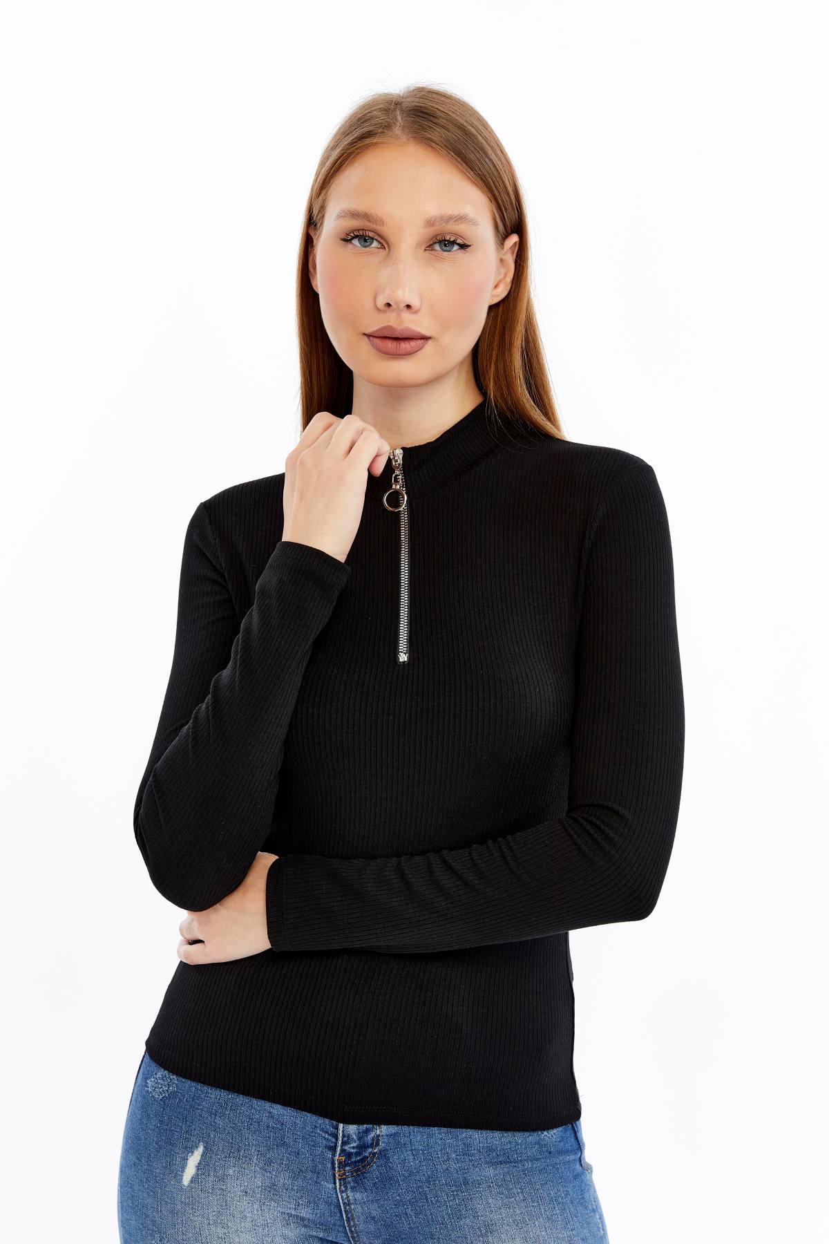 Kadın Uzun Kollu Yarım Fermuarlı Slim Fit Tshirt - siyah1