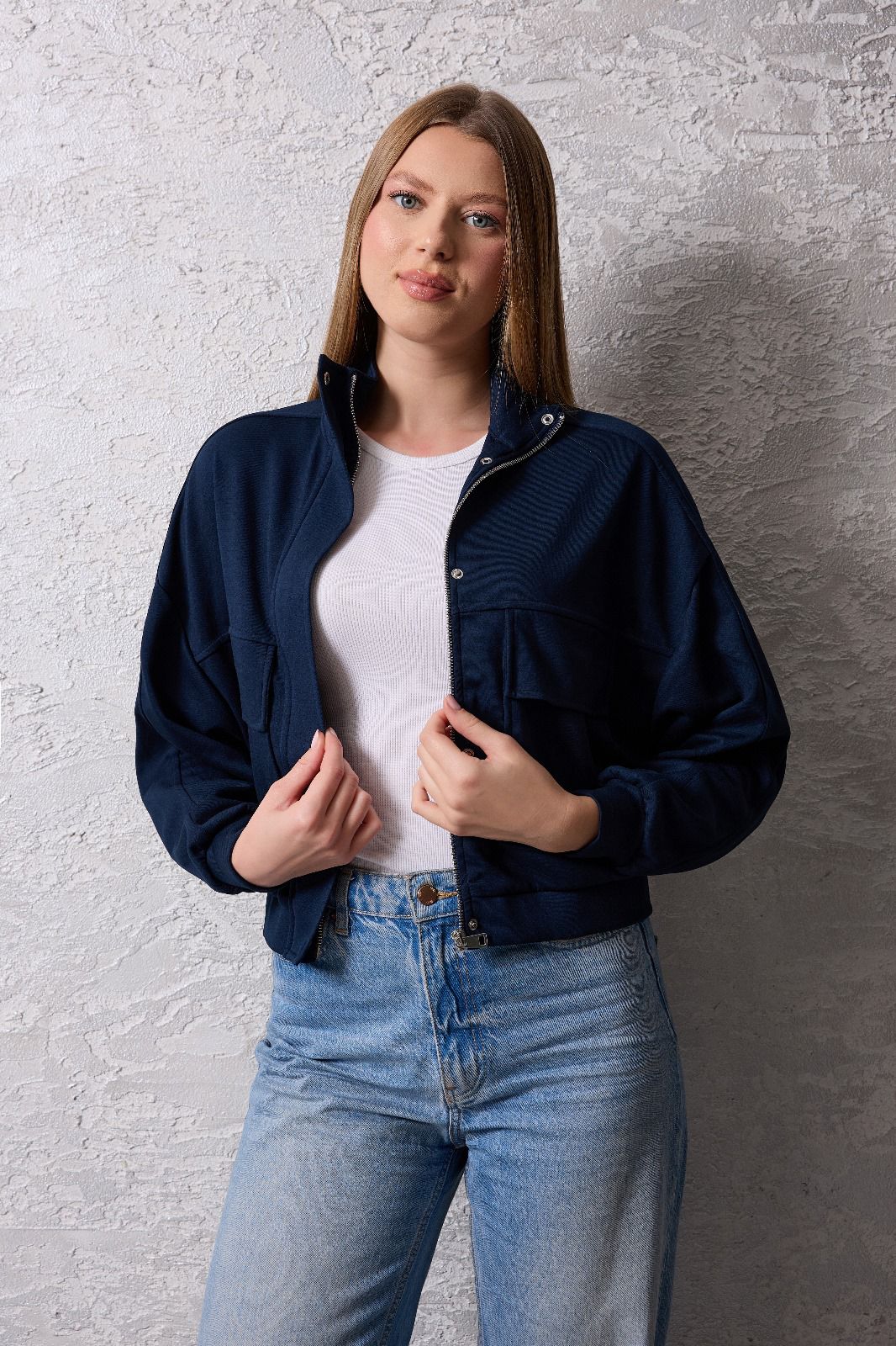 Kadın Fermuarlı Dik Yaka Rahat Kesim Ceket - Lacivert