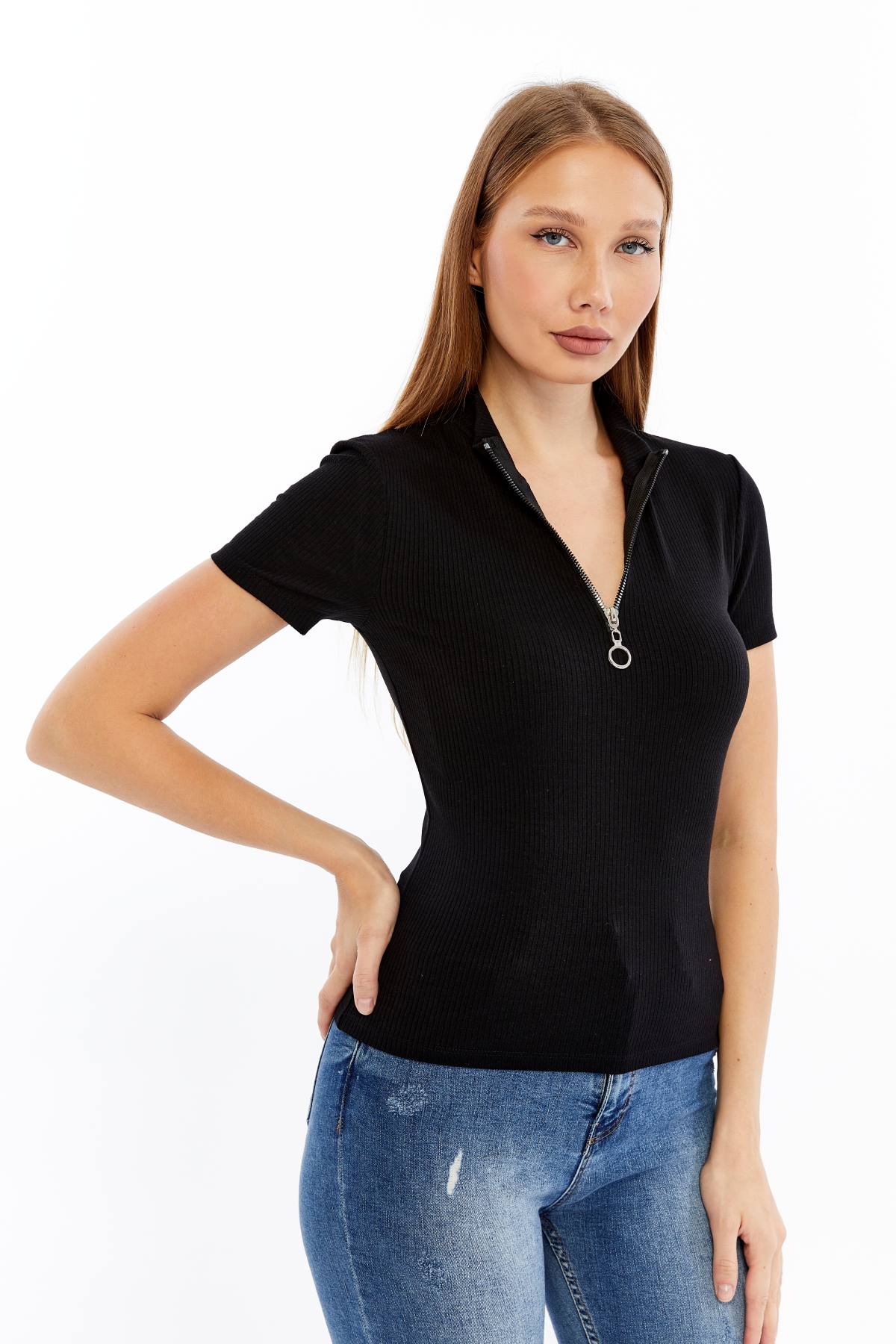Kadın Kısa Kollu Yarım Fermuarlı Slim Fit Tshirt - siyah1
