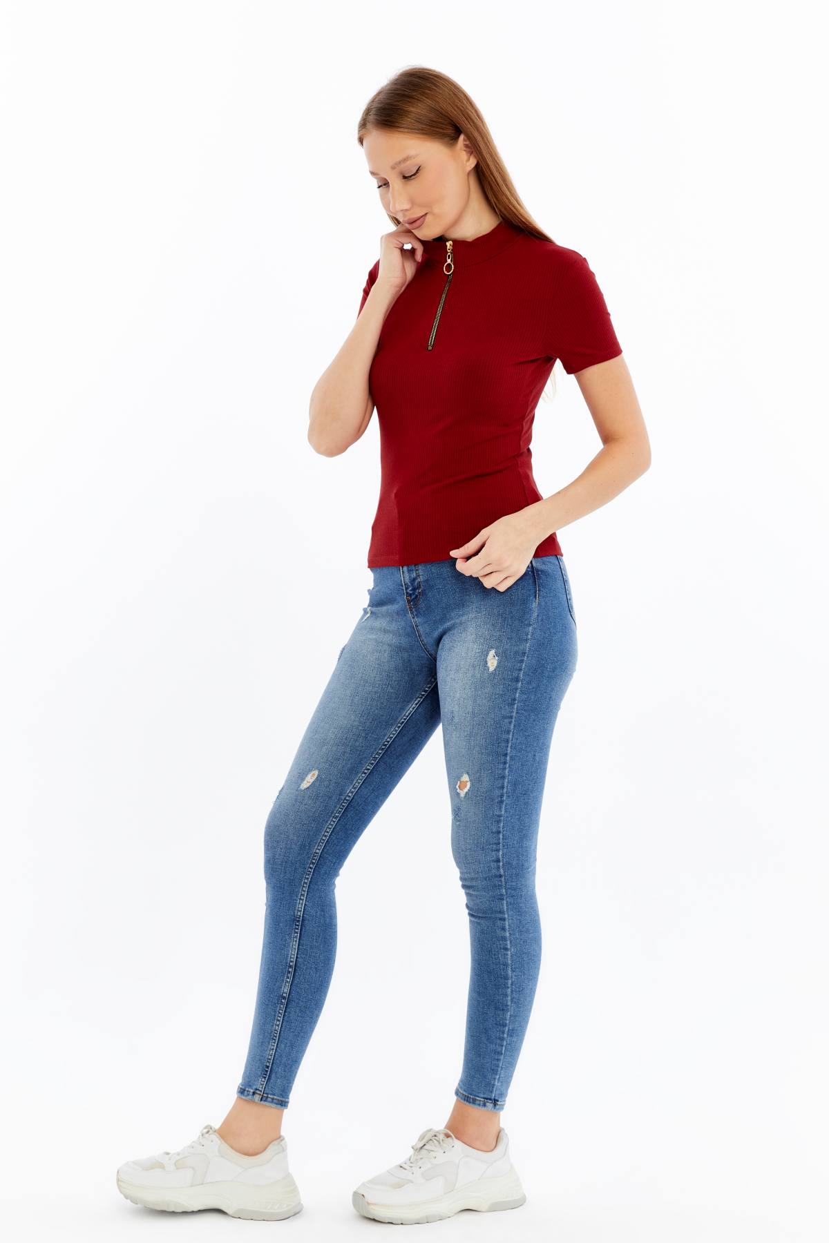 Kadın Kısa Kollu Yarım Fermuarlı Slim Fit Tshirt - Kırmızı