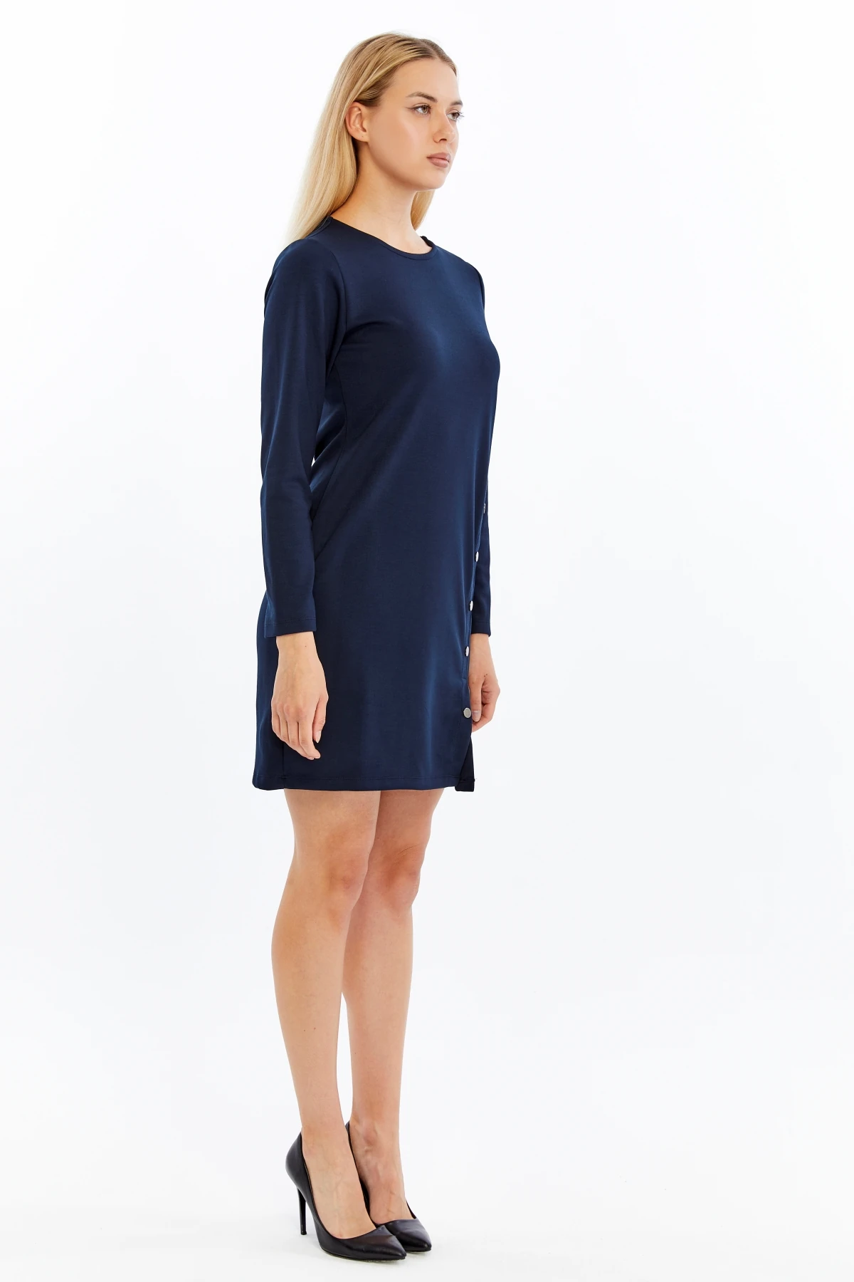 Kadın Uzun Kollu Elbise Modal Kumaş Likralı Düğme Detaylı