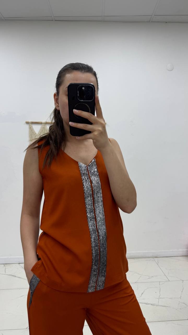 Kadın Pullu V Yaka Bluz Bol Paça Pantolon - turuncu