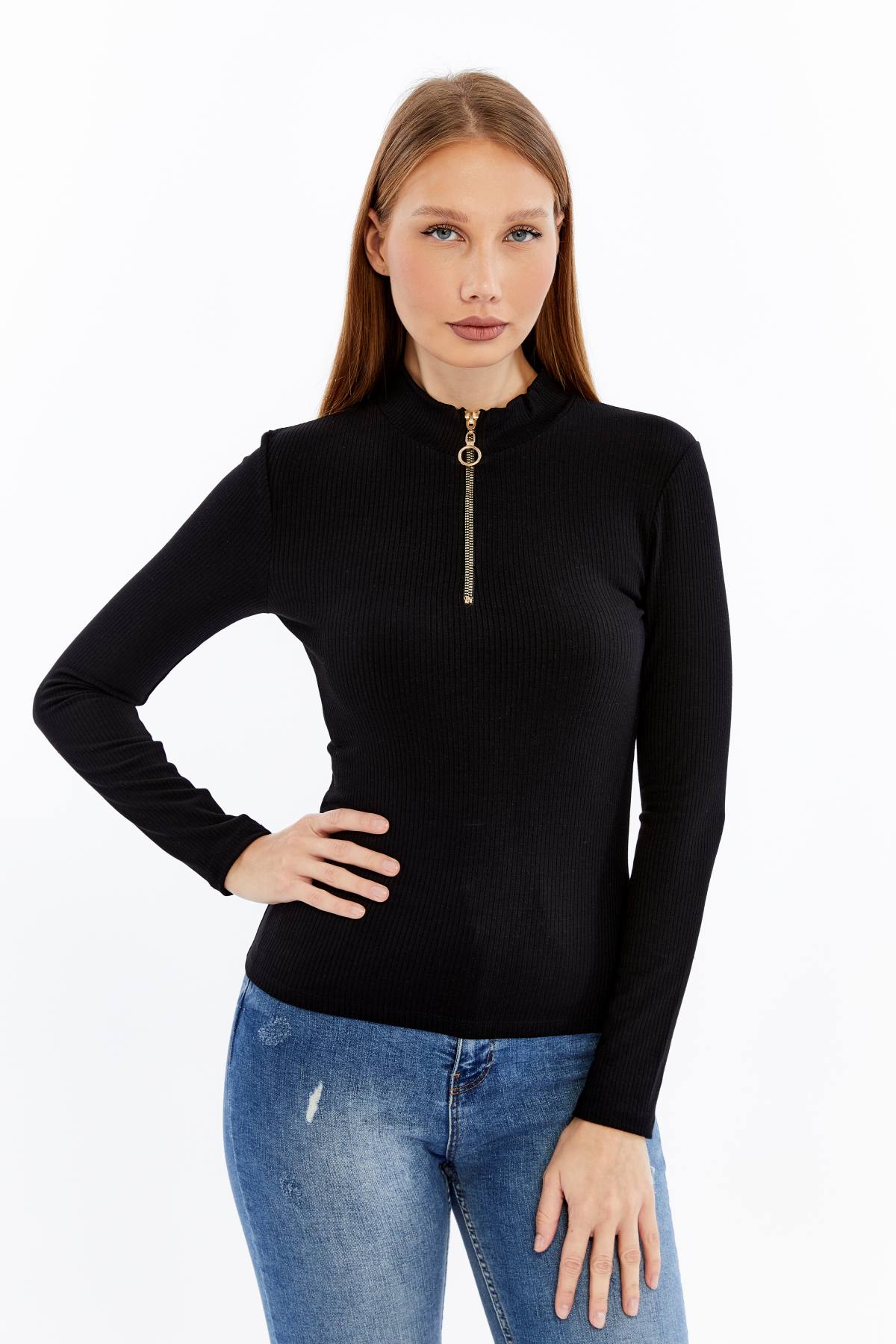 Kadın Uzun Kollu Yarım Fermuarlı Slim Fit Tshirt - siyah