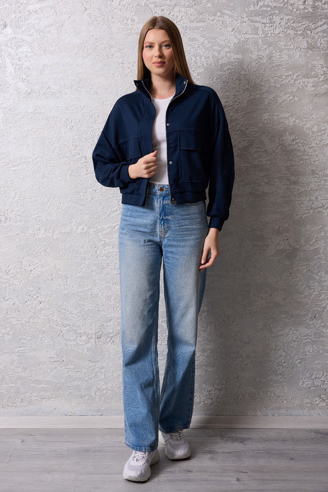 Kadın Fermuarlı Dik Yaka Rahat Kesim Ceket - Lacivert