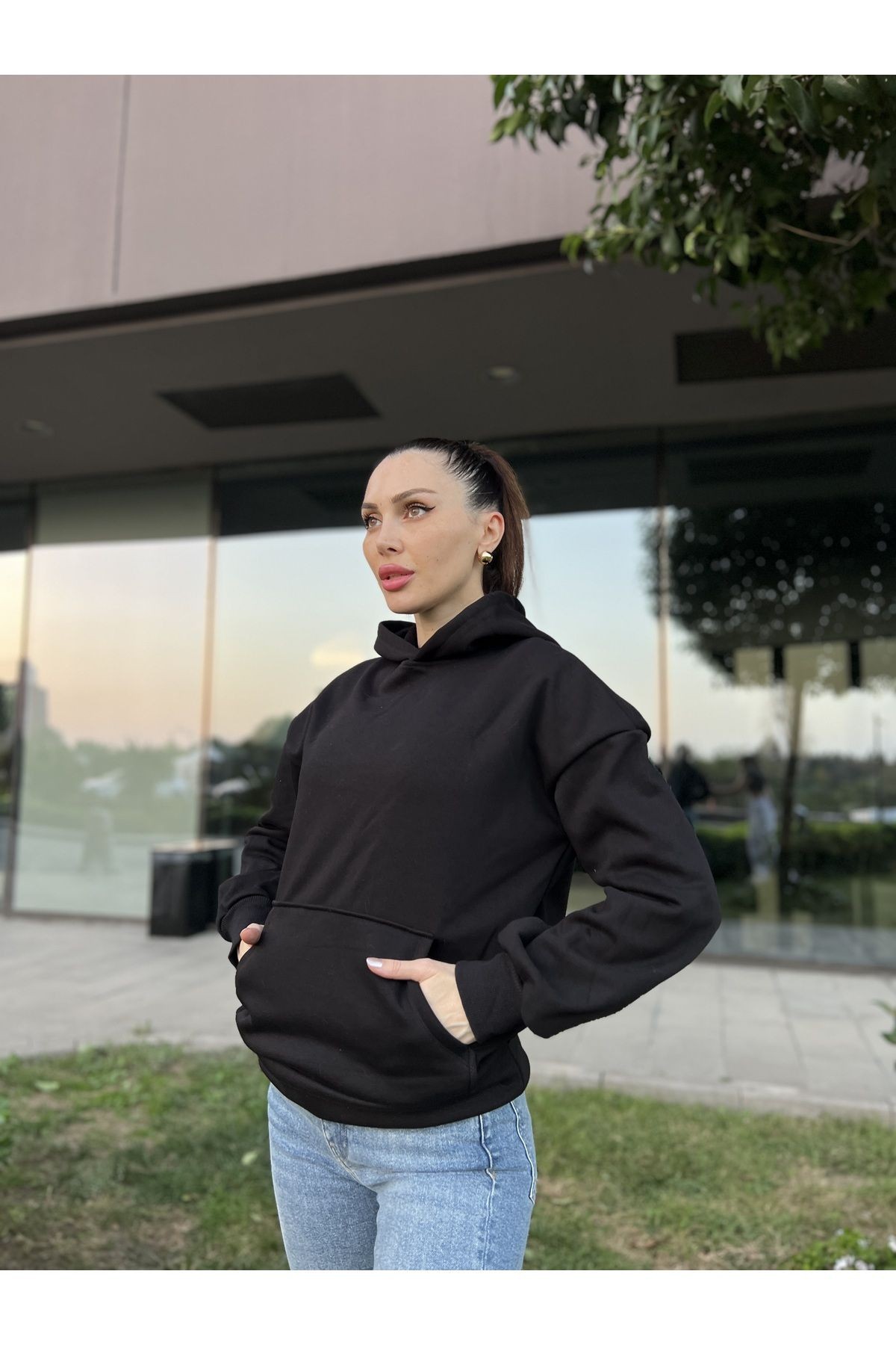 Kapüşonlu Içi Polarlı Unisex Hoodie Kadın Erkek Pamuklu Basic Kapüşonlu Sweatshirt Rahat Kalıp