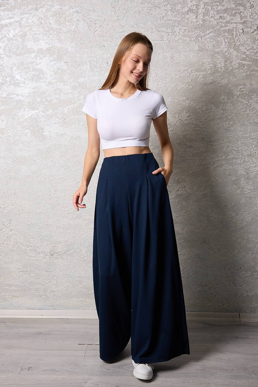 Kadın Pileli Gizli Cepli Palazzo Pantolon - Lacivert