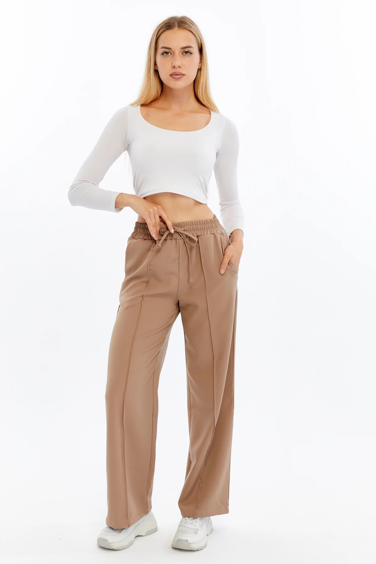 Kadın Beli Lastikli Cepli Palazzo Pantolon