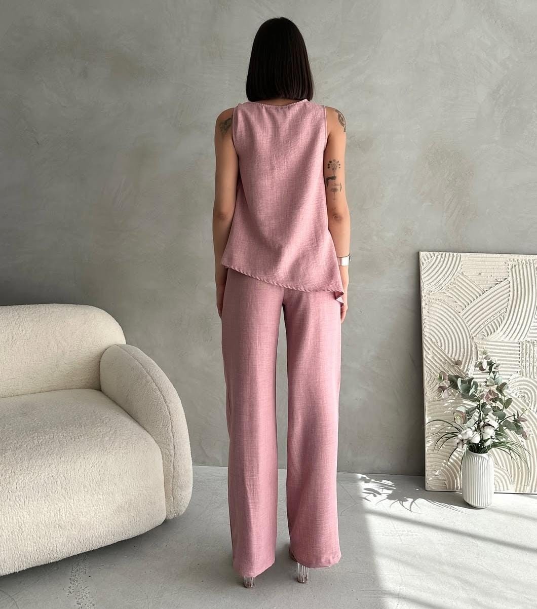 Kadın Dokuma Bluz Pantolon Takım - toz pembe
