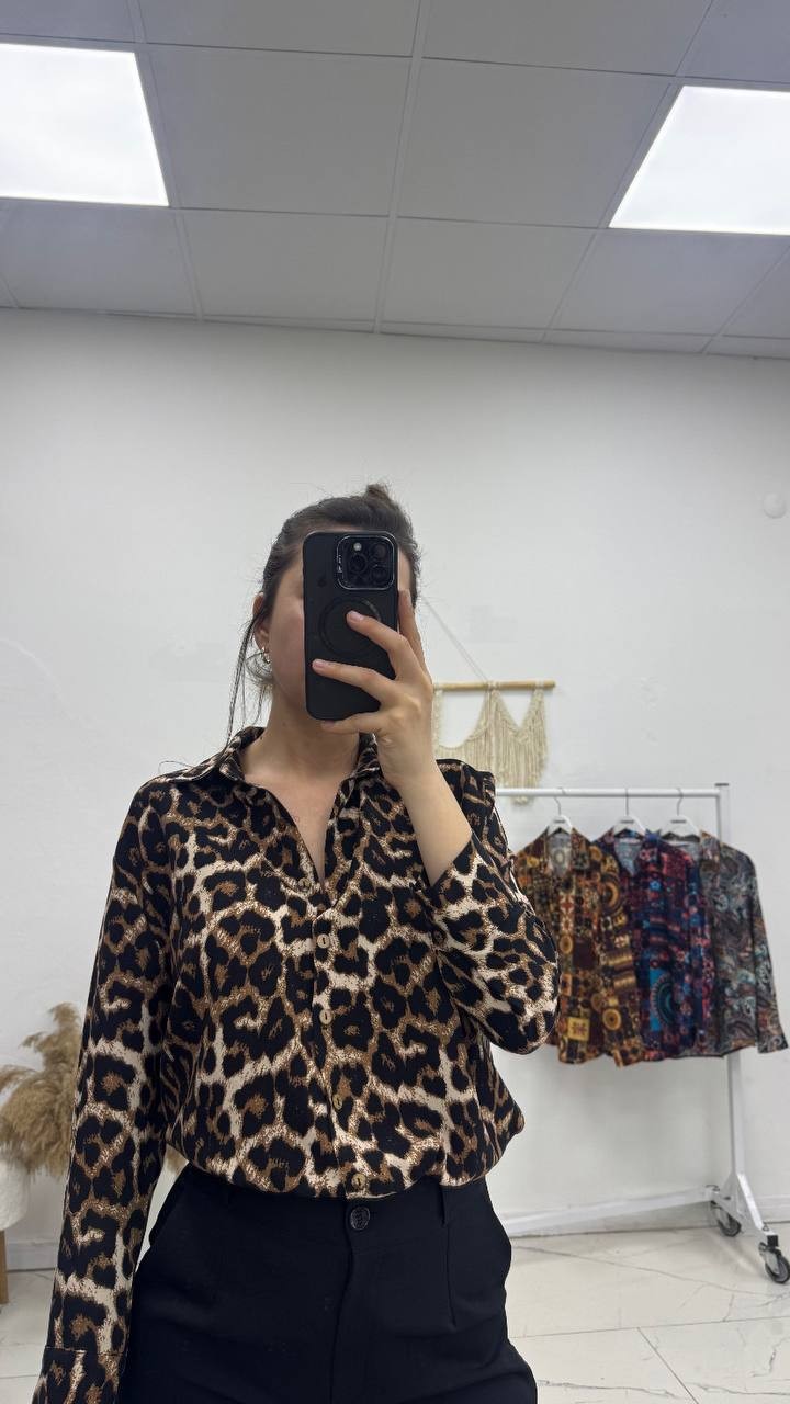Leopar Desen Uzun Kollu Gömlek