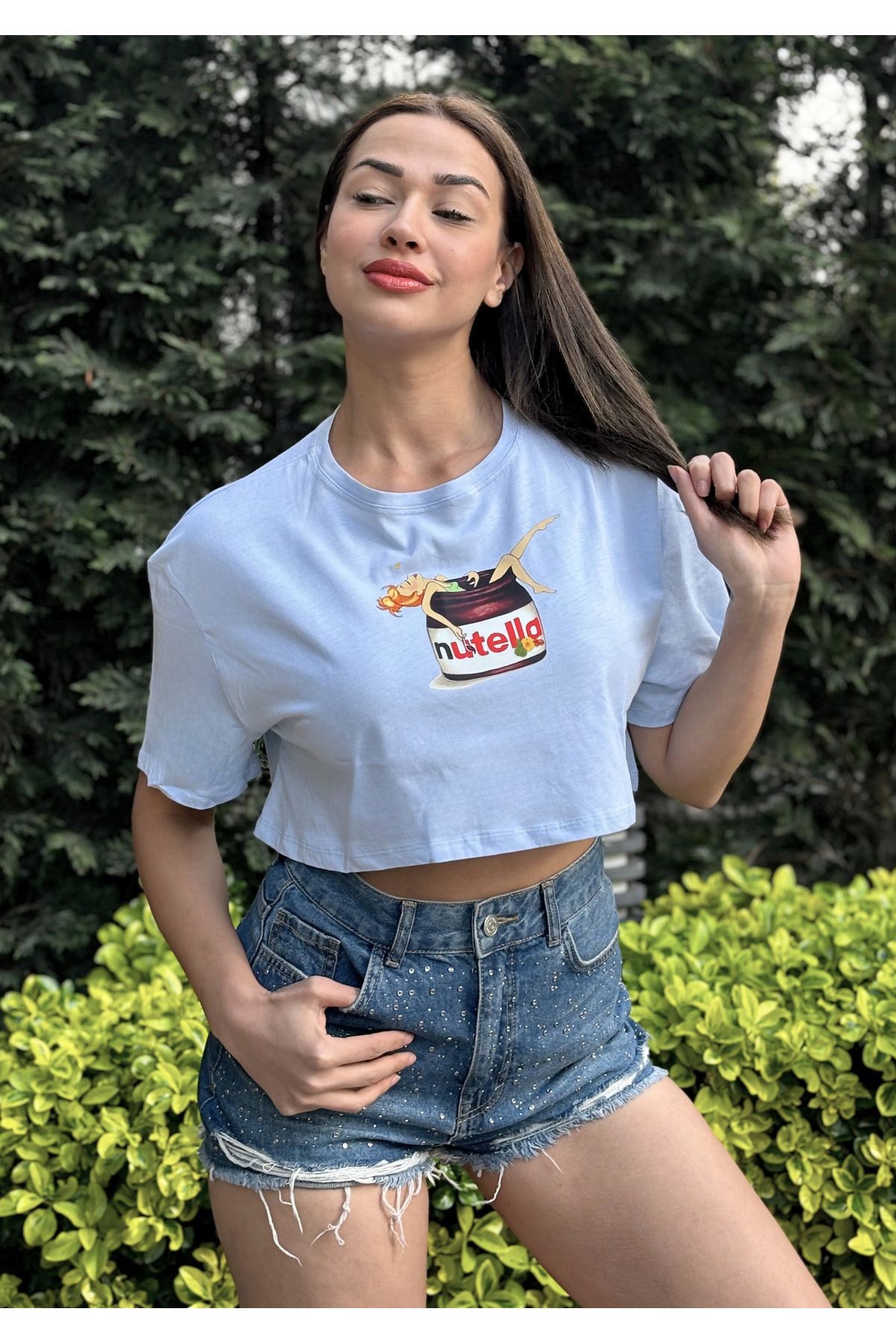 Kadın Lila Bisiklet Yaka Baskılı Oversize Crop T-shirt - mavi