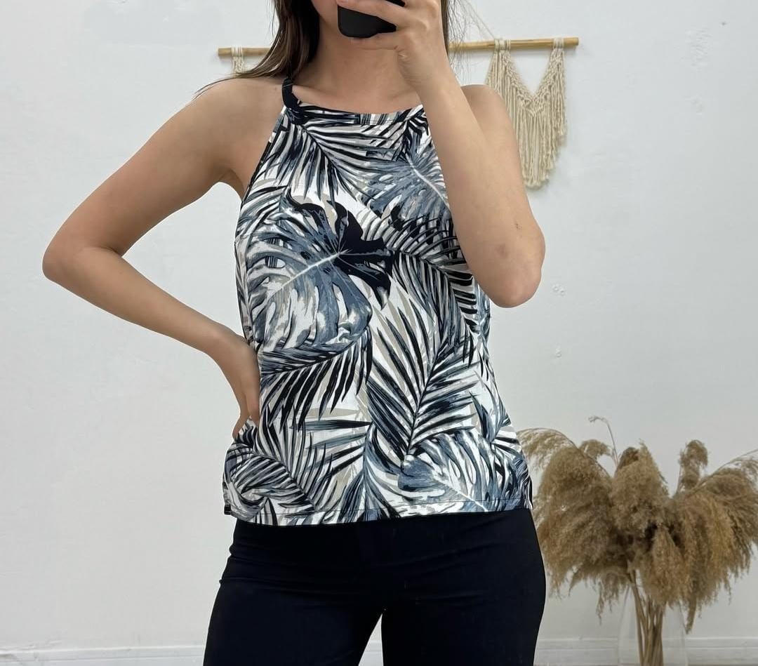 Kadın Etnik Desen Halter Yaka Bluz