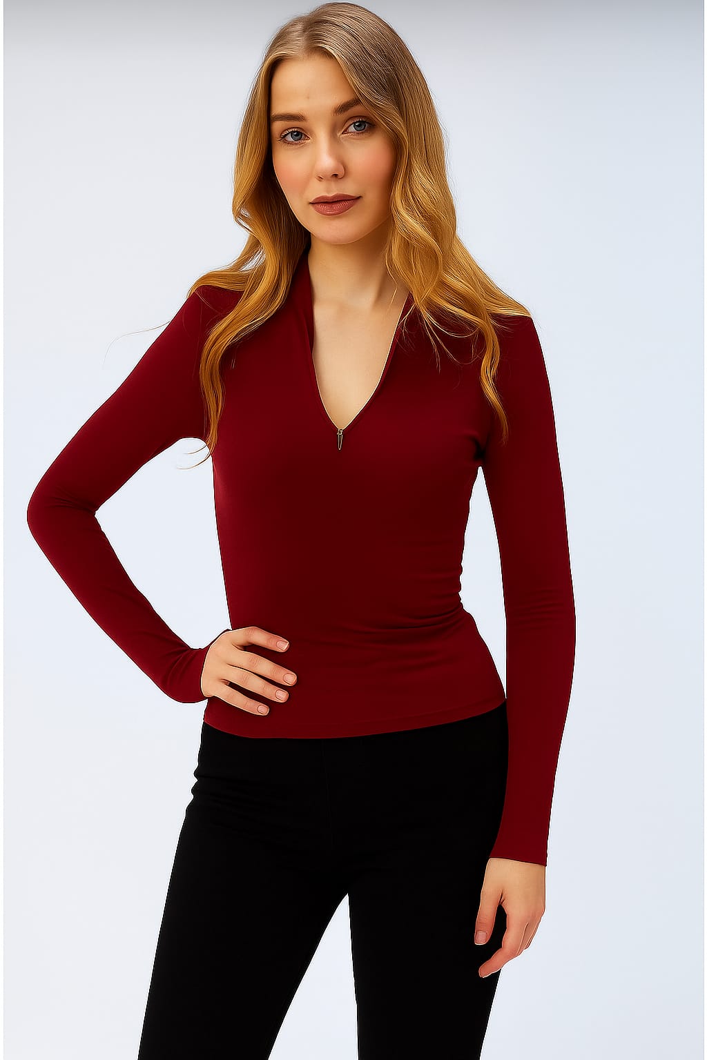 Fermuarlı Bluz Uzun Kollu T-shirt - bordo