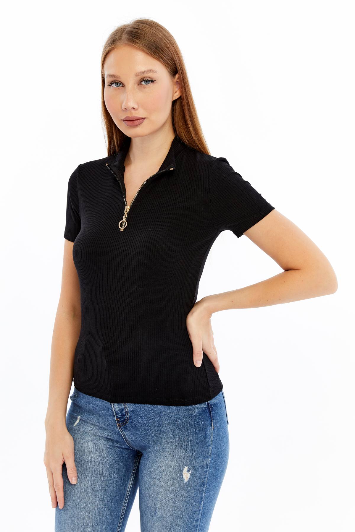Kadın Kısa Kollu Yarım Fermuarlı Slim Fit Tshirt - siyah