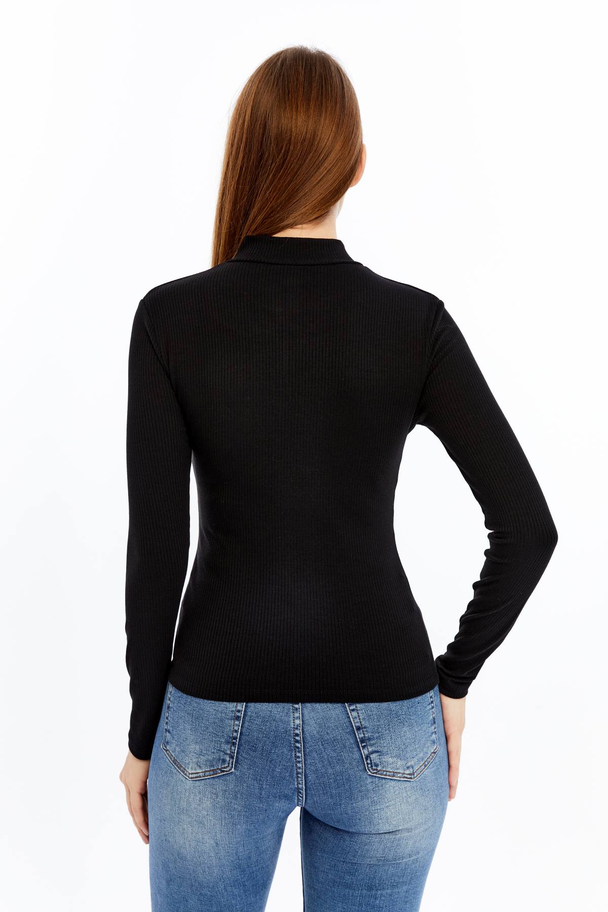 Kadın Uzun Kollu Yarım Fermuarlı Slim Fit Tshirt - siyah1