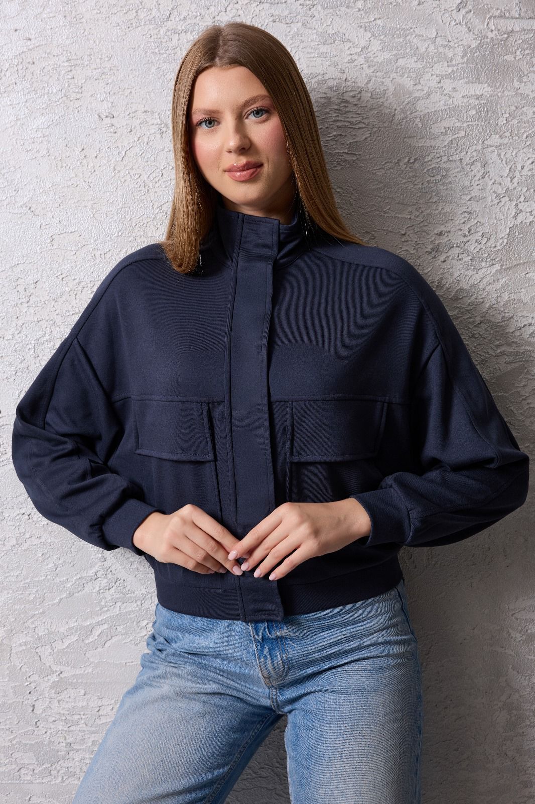 Kadın Fermuarlı Dik Yaka Rahat Kesim Ceket - antrasit