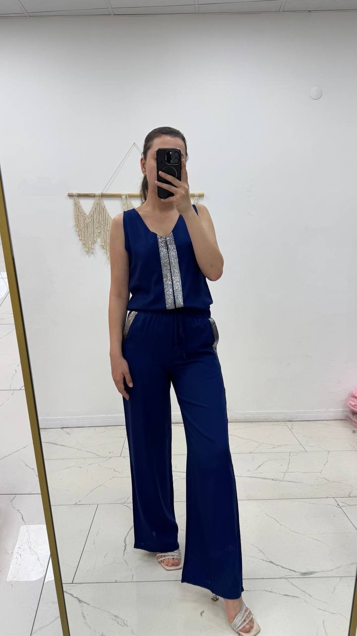 Kadın Pullu V Yaka Bluz Bol Paça Pantolon - saks mavi