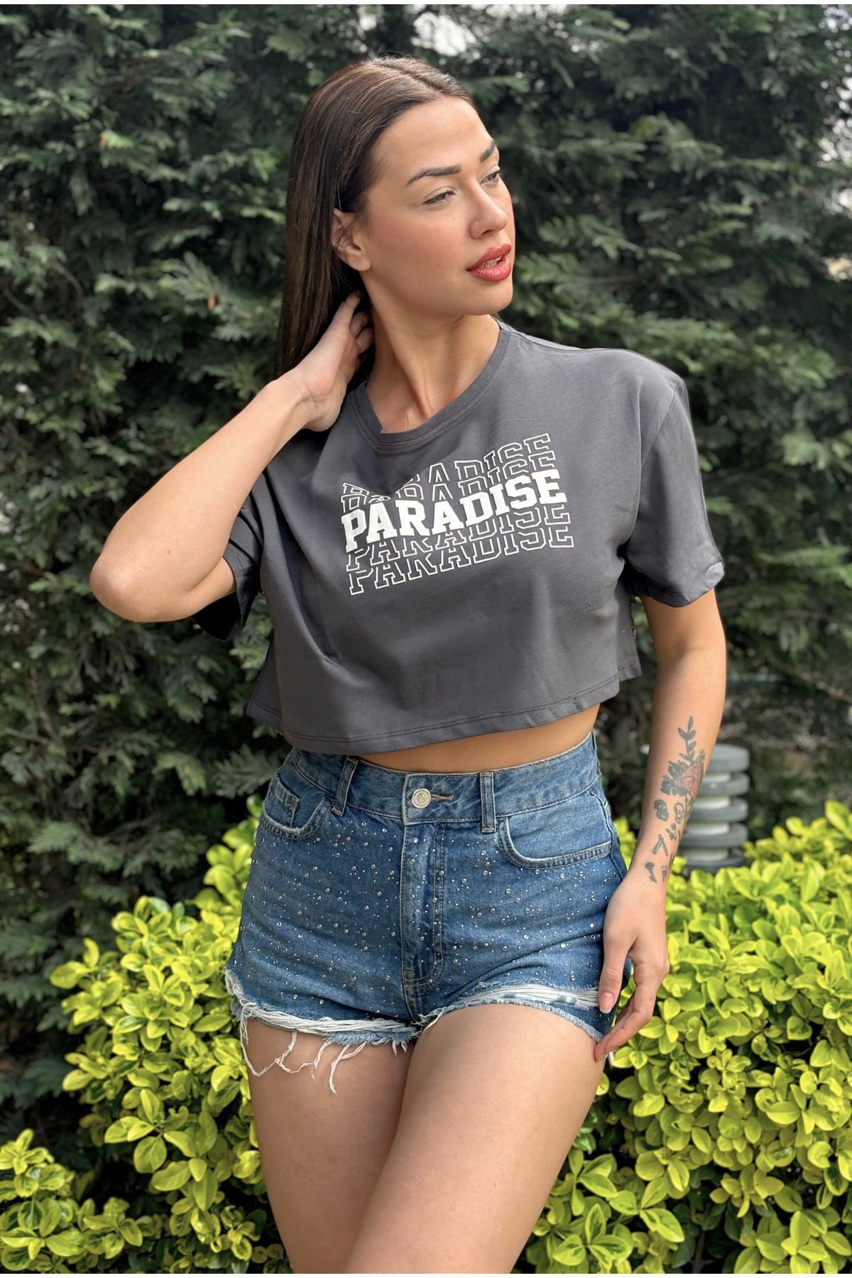 Kadın Antrasit Bisiklet Yaka Baskılı Oversize Crop T-shirt