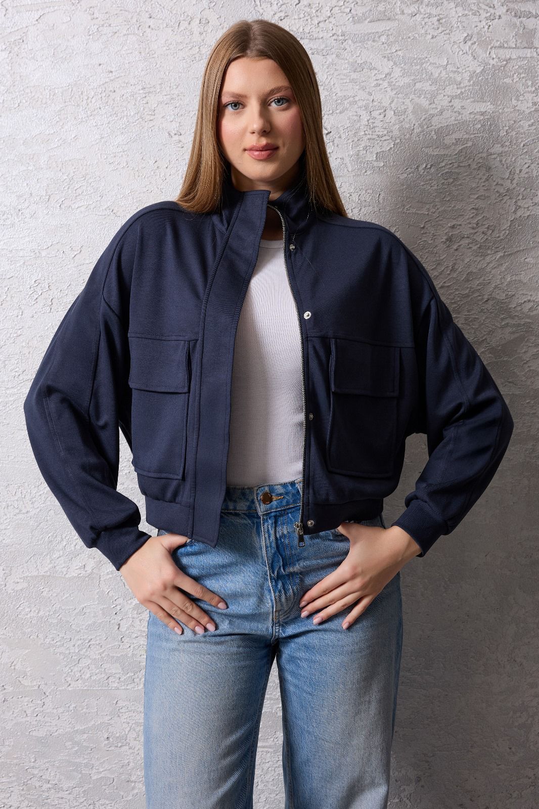 Kadın Fermuarlı Dik Yaka Rahat Kesim Ceket - antrasit