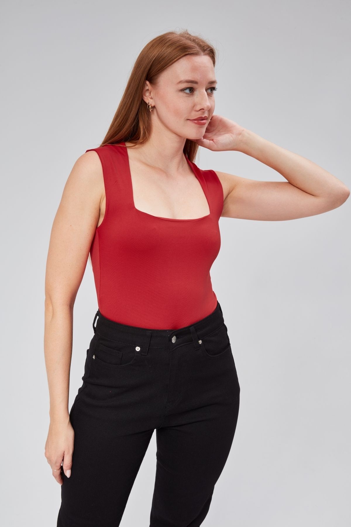 Astarlı Sıfır Kol Kare Yaka Dekolteli Çıtçıtlı Bodysuit - Kırmızı