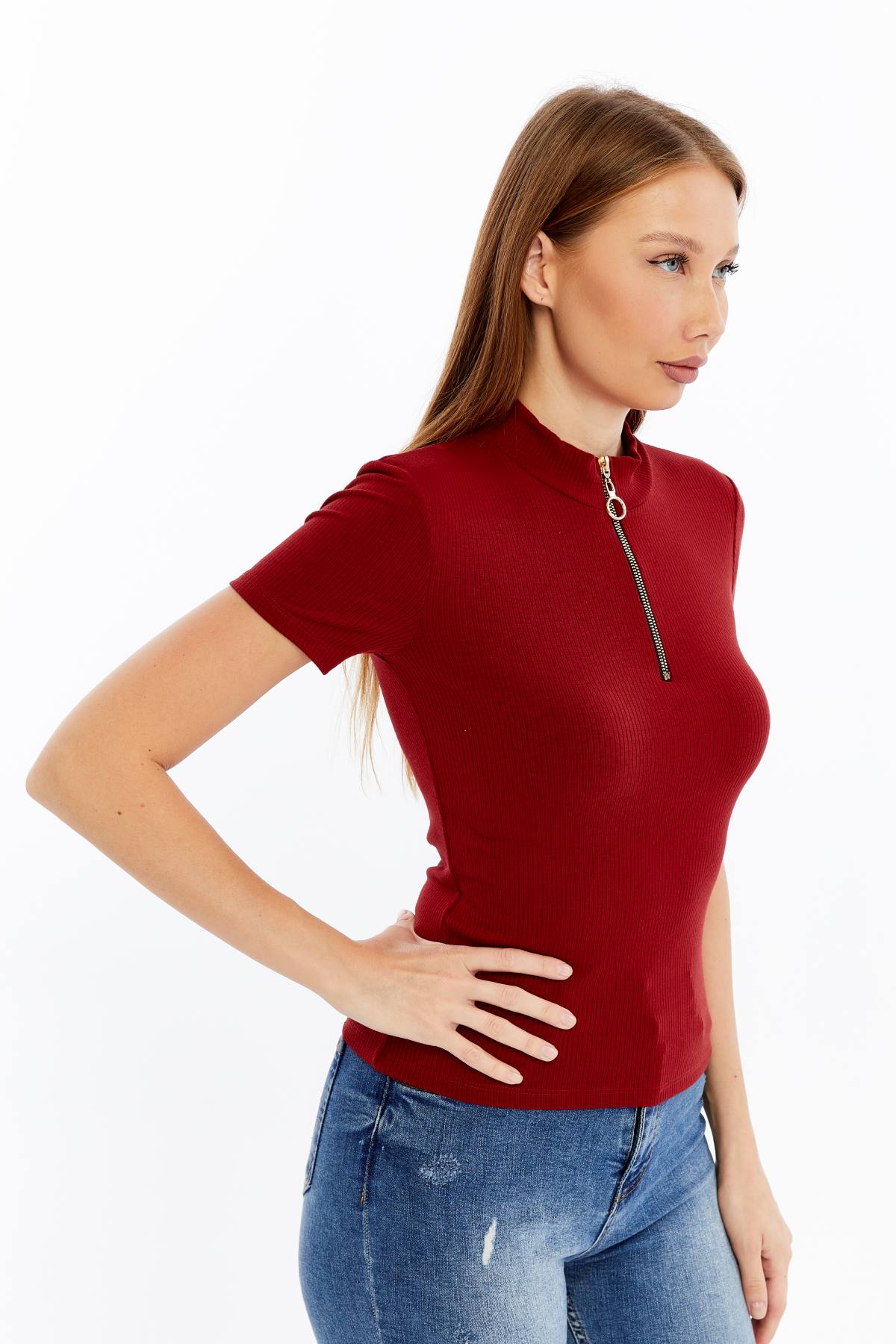 Kadın Kısa Kollu Yarım Fermuarlı Slim Fit Tshirt - Kırmızı